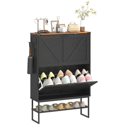 Narrow Shoe Storage Cabinet with 2 Flip Drawers, Black Shoe Storage Cabinets & Racks Black Wood Grain, Brown at Gallery Canada