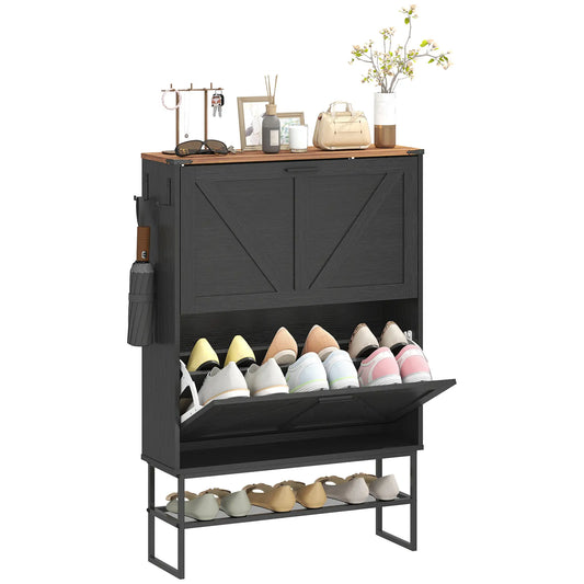 Narrow Shoe Storage Cabinet with 2 Flip Drawers, Black Shoe Storage Cabinets & Racks Black Wood Grain, Brown at Gallery Canada