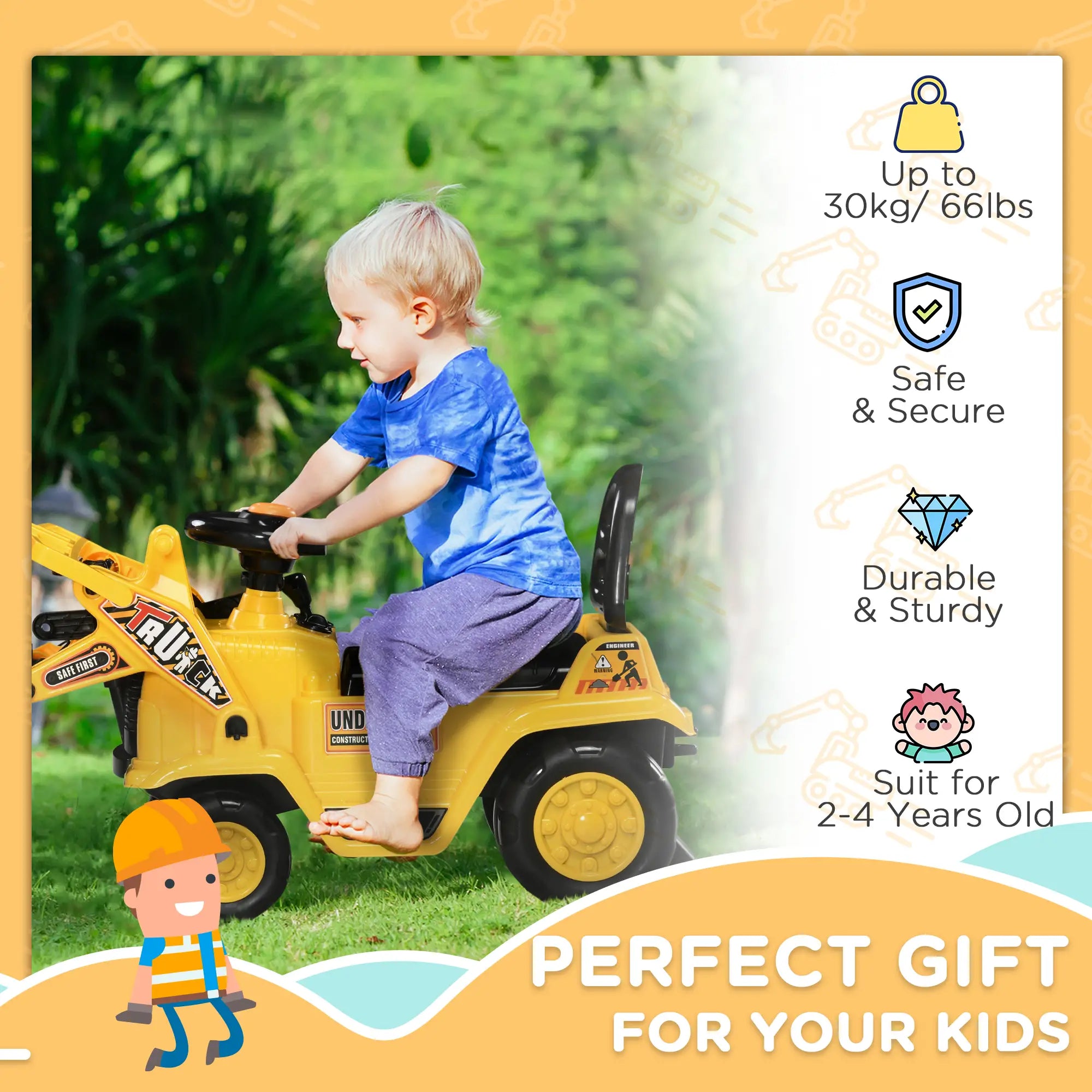 Ride On Excavator Toy, Realistic Sound, 32.7