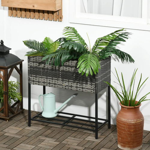 Rattan Raised Garden Box, Elevated Flower Bed with Shelf, Mixed Grey, Grey