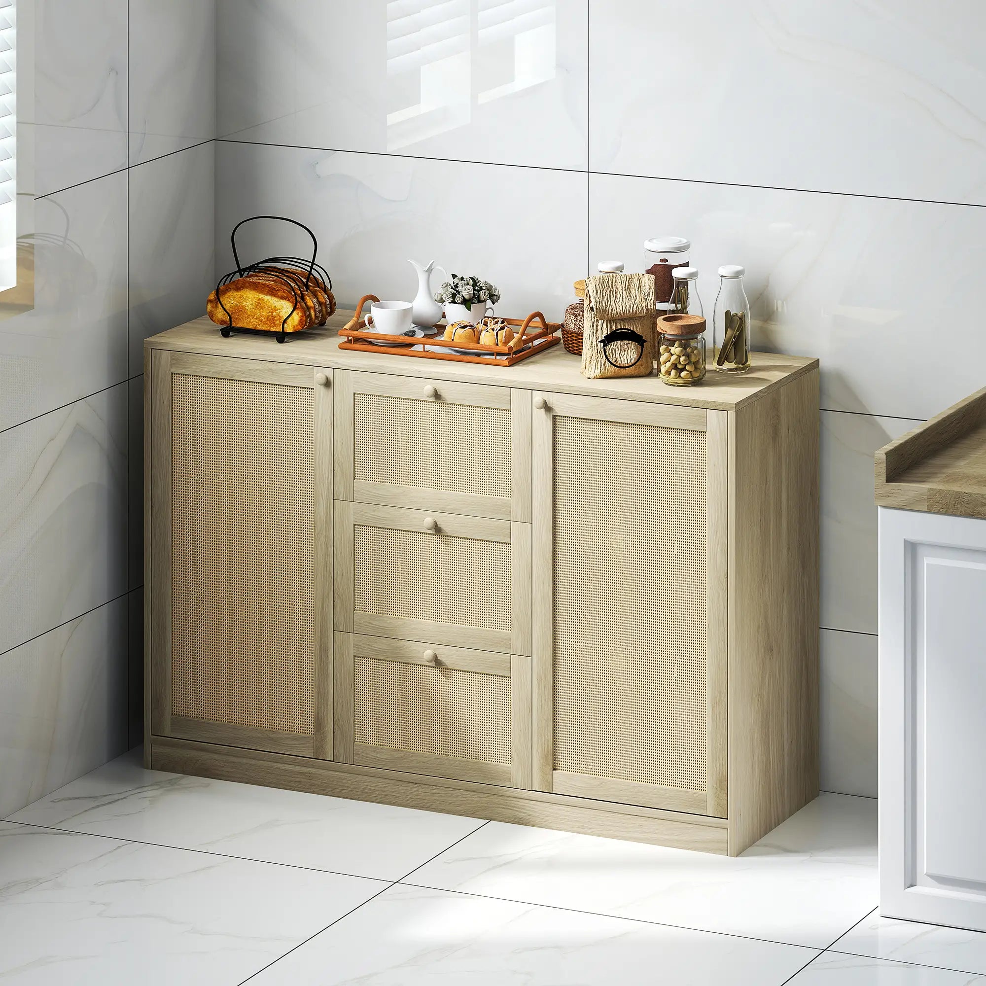Boho Sideboard Buffet Cabinet, Kitchen Coffee Bar, 3 Drawers, 2 Shelves, 4 Racks, Natural Storage Cabinets at Gallery Canada