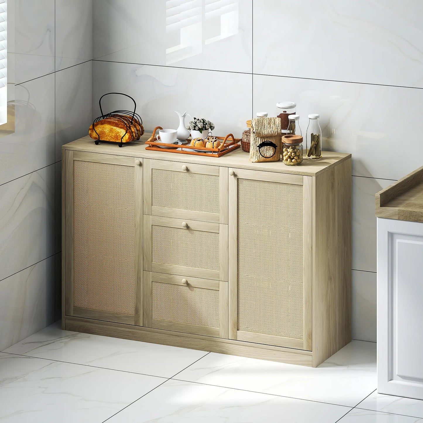 Boho Sideboard Buffet Cabinet, Kitchen Coffee Bar, 3 Drawers, 2 Shelves, 4 Racks, Natural Storage Cabinets at Gallery Canada