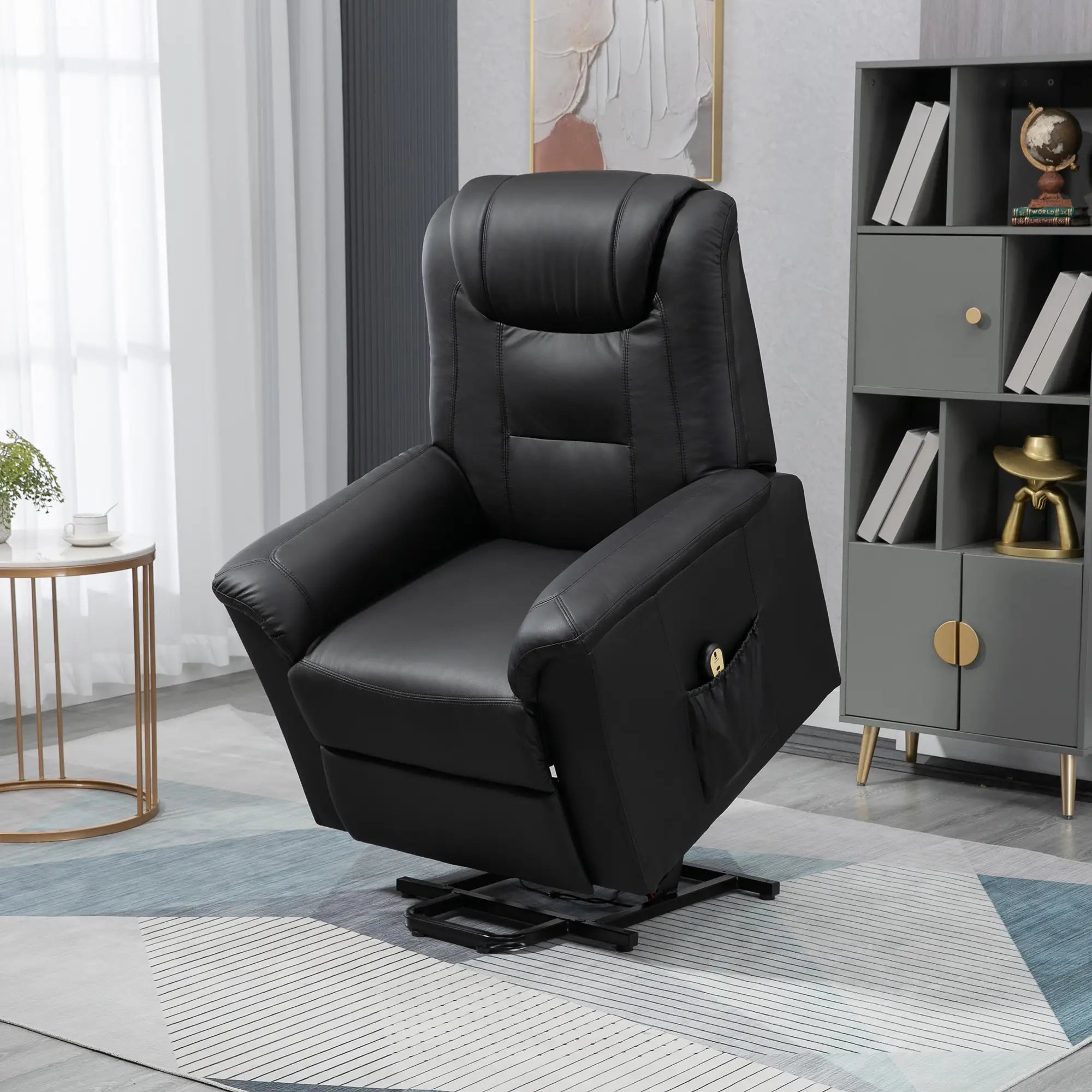 Electric Power Lift Recliner Chair, PU Leather with Footrest, Remote, Side Pockets, Black Electric Power Lift Chairs at Gallery Canada