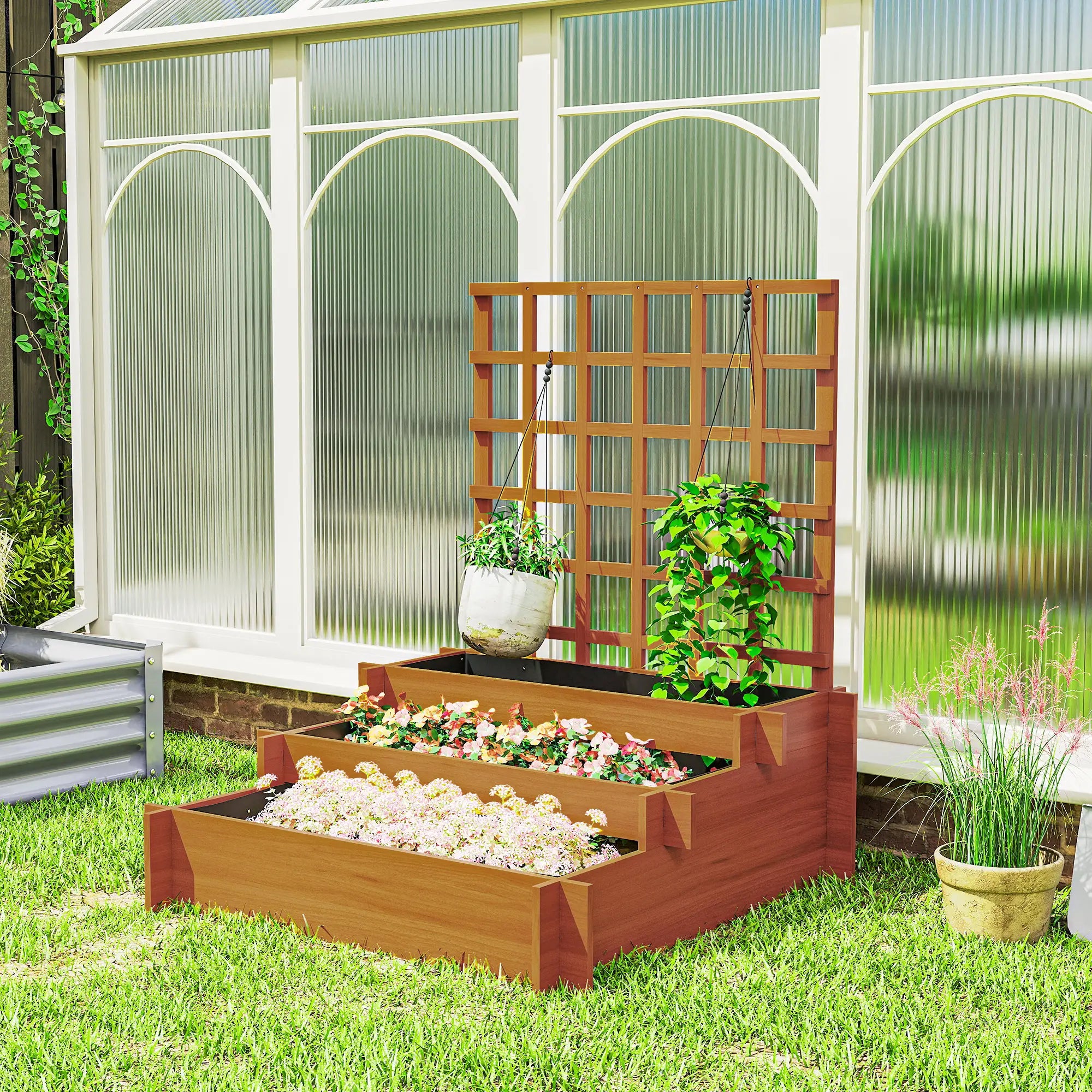 Wooden Elevated Planter Box with Trellis, 3 Tier Raised Garden Bed, Brown Raised Garden Beds at Gallery Canada