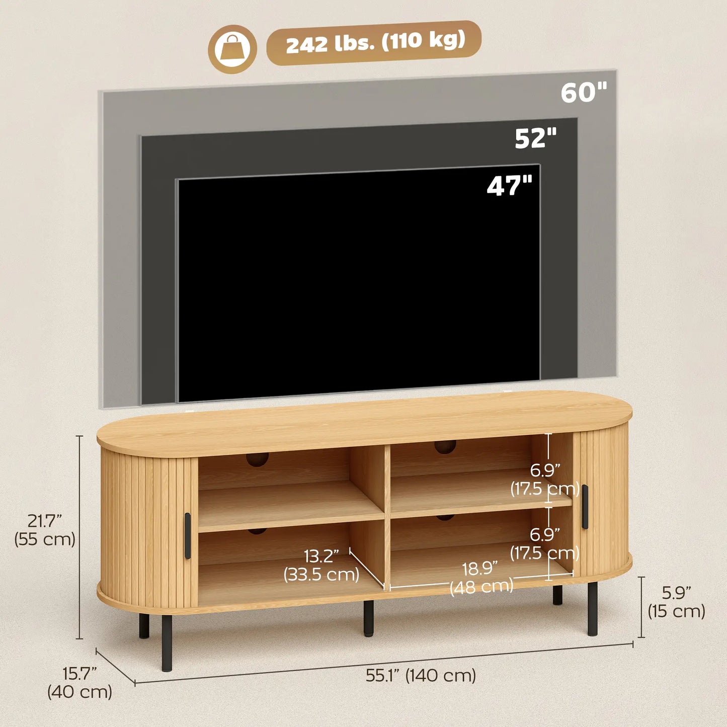 TV Stand for TVs up to 60", Modern Entertainment Center with Curved Sliding Doors, Natural Wood