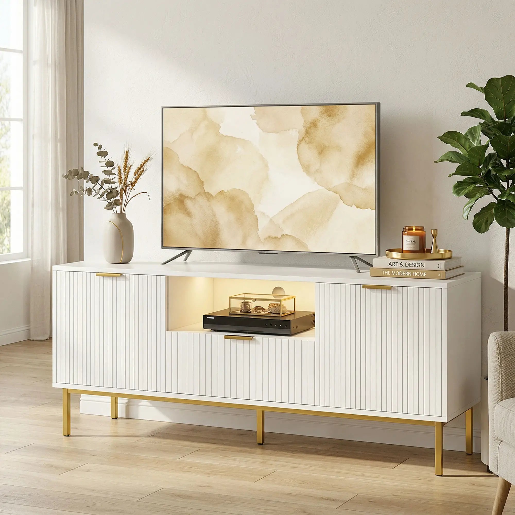 TV Console For 50 Inch TVs, Smart RGB LED Lights, Soft Close Doors, White TV Stands at Gallery Canada