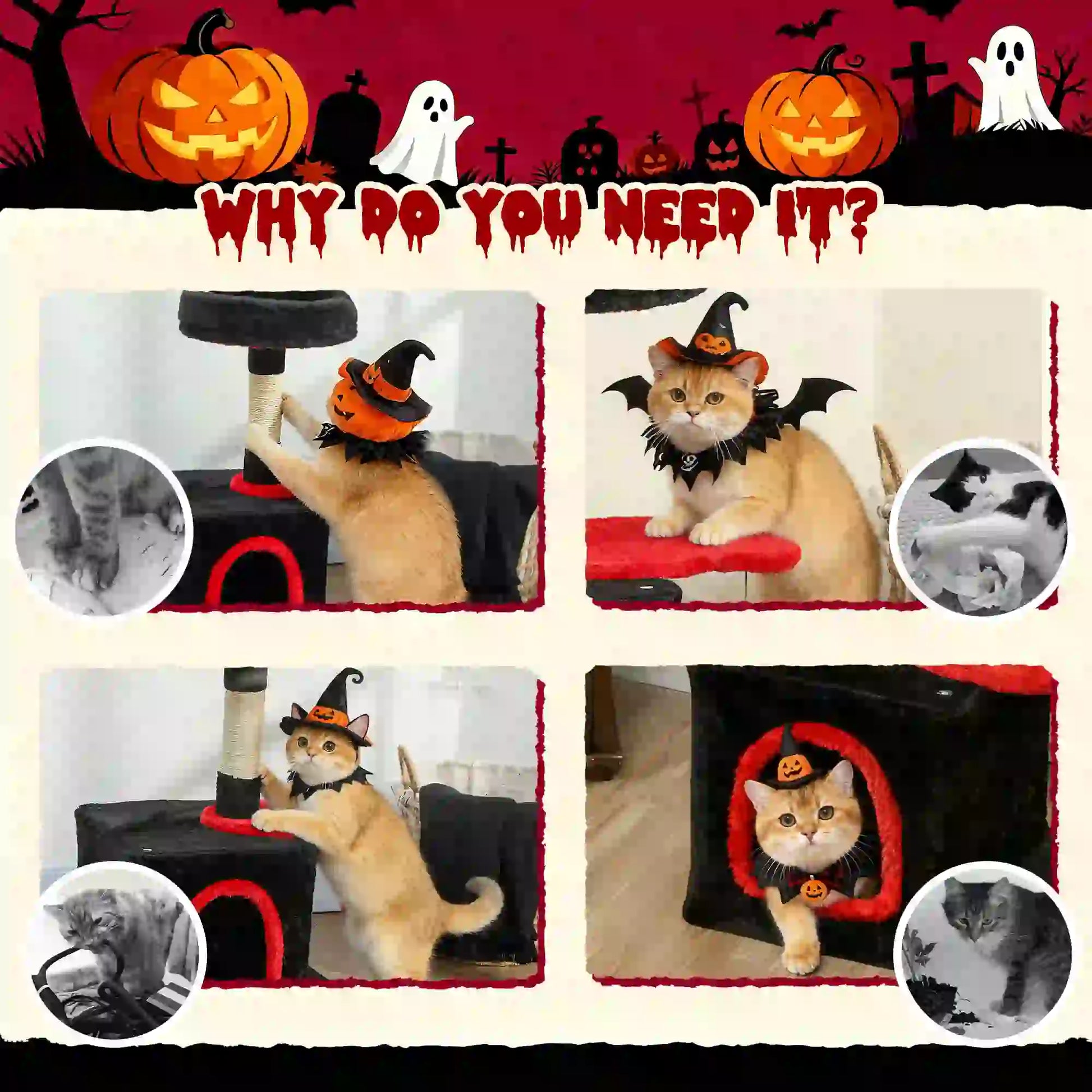 28" Gothic Cat Tree Tower, Plush Bed, Condo, Scratching Post, Red & Black Cat Posts at Gallery Canada