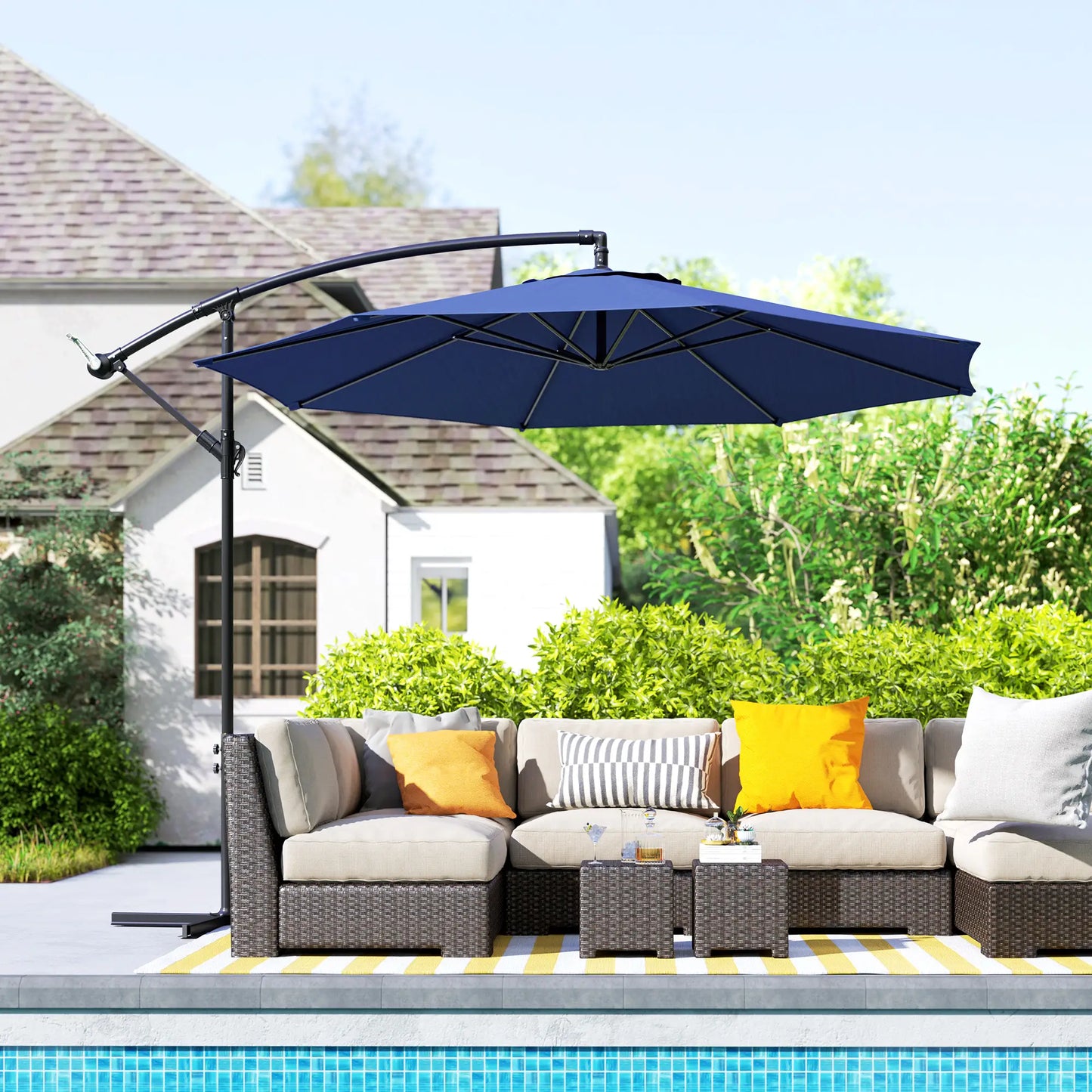 9.7ft Offset Patio Umbrella, 8 Ribs, Crank Handle, Cross Base, Blue Offset Cantilever Umbrellas at Gallery Canada