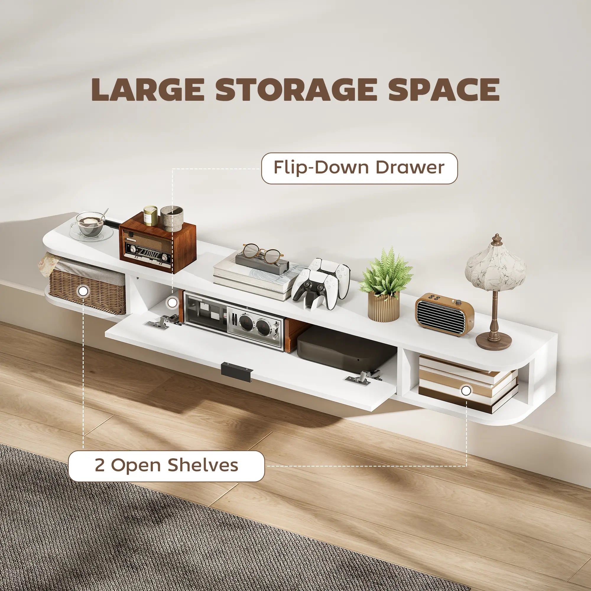 55 Inch Floating TV Stand, Wall Mounted Media Console, Flip Drawer, 2 Shelves, White TV Stands at Gallery Canada