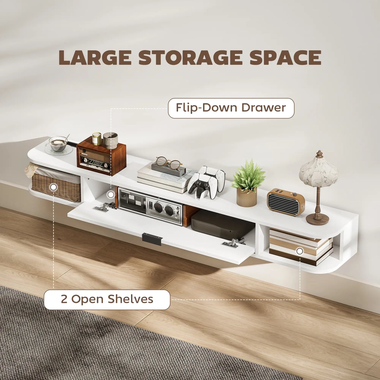 55 Inch Floating TV Stand, Wall Mounted Media Console, Flip Drawer, 2 Shelves, White TV Stands at Gallery Canada