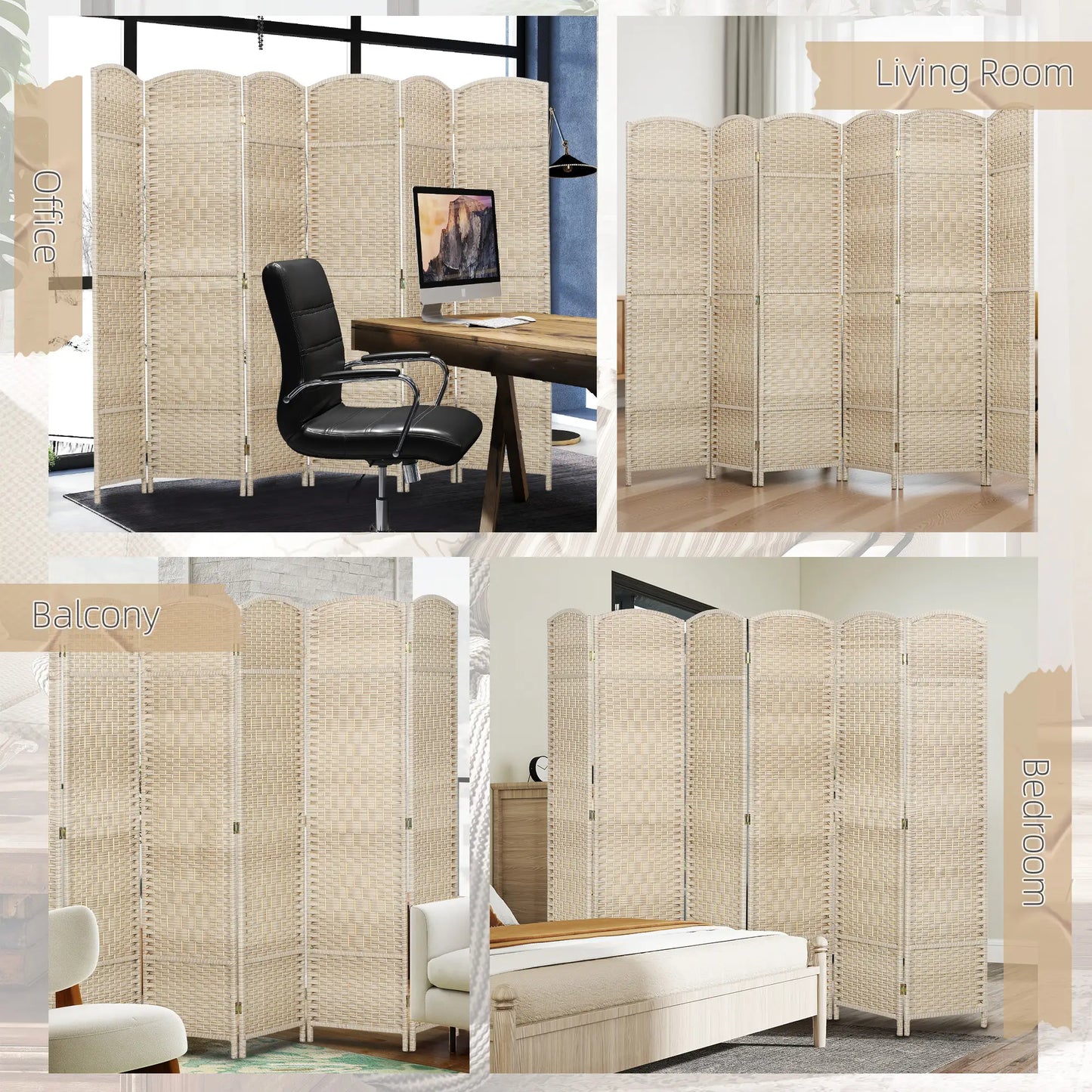6 Ft Tall Folding Room Divider, 6 Panel Portable Privacy Screen, Light Oak