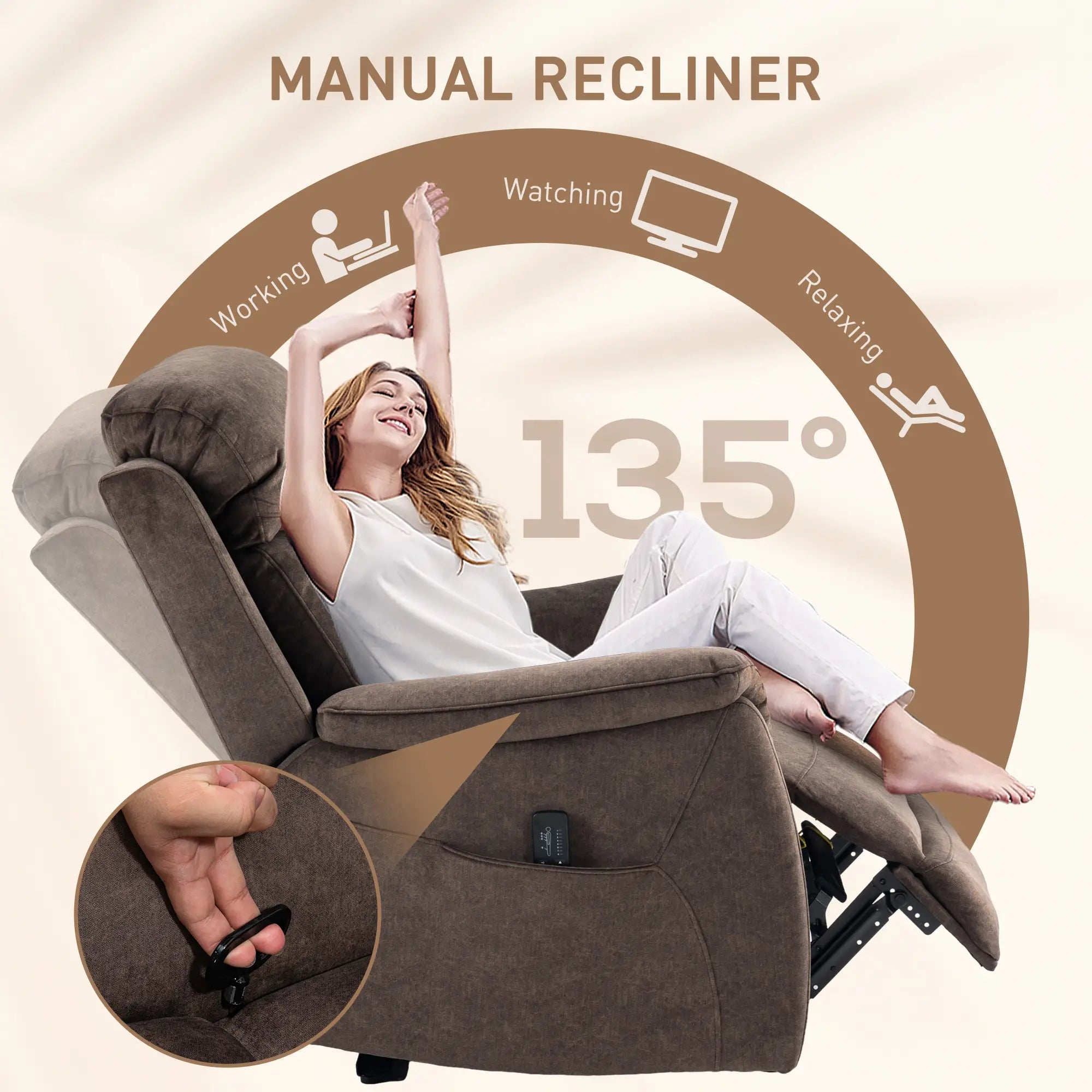Manual Recliner Chair with Vibration Massage, Reclining Chair for Living Room with Side Pockets, Brown Single Sofas at Gallery Canada