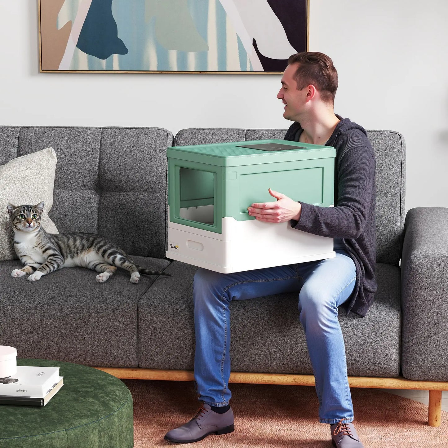 Enclosed Kitty Litter Box, Large, With Scoop, Tray, Green Cat Litter Box Enclosures at Gallery Canada
