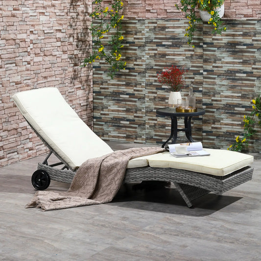 Adjustable Wicker Chaise Lounge with Cushion, Wheels, Cream White Chaise Loungers Cream at Gallery Canada