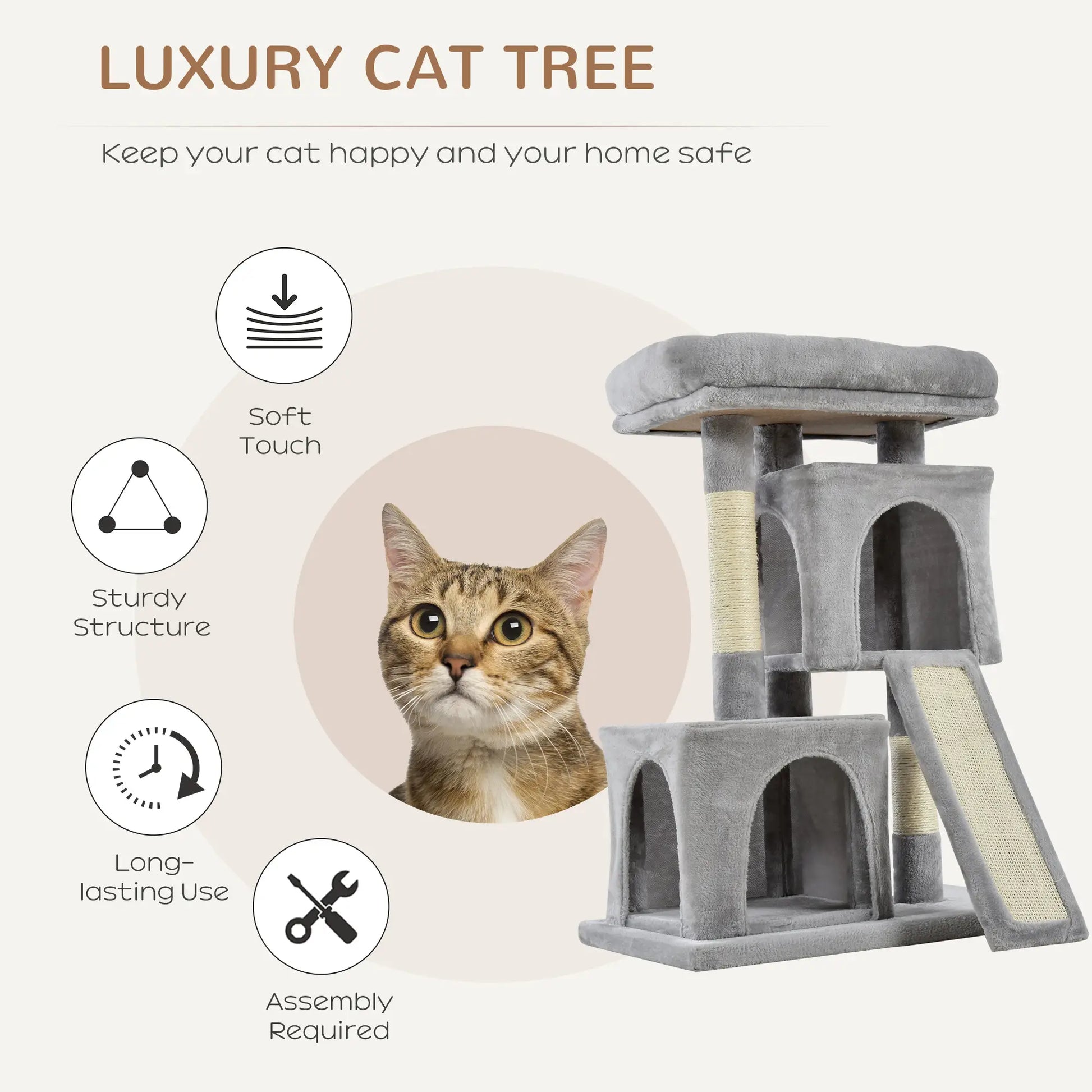 Plush Cat Tree Tower, Sisal Scratching Post, Perch Condo, Light Grey Cat Posts at Gallery Canada
