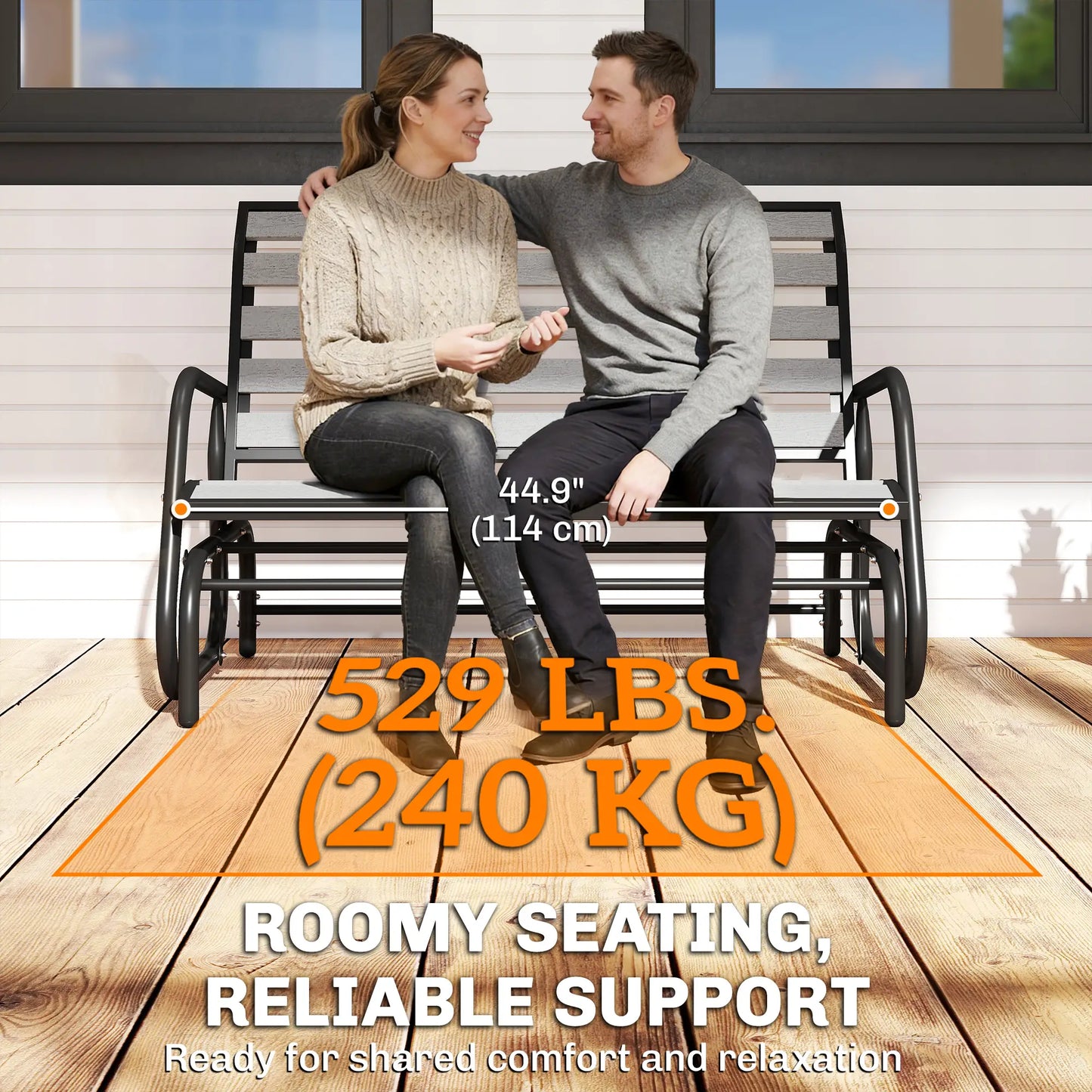 2 Person Outdoor Glider Bench, Steel Frame, Faux Wood Slats, Grey Outdoor Gliders at Gallery Canada