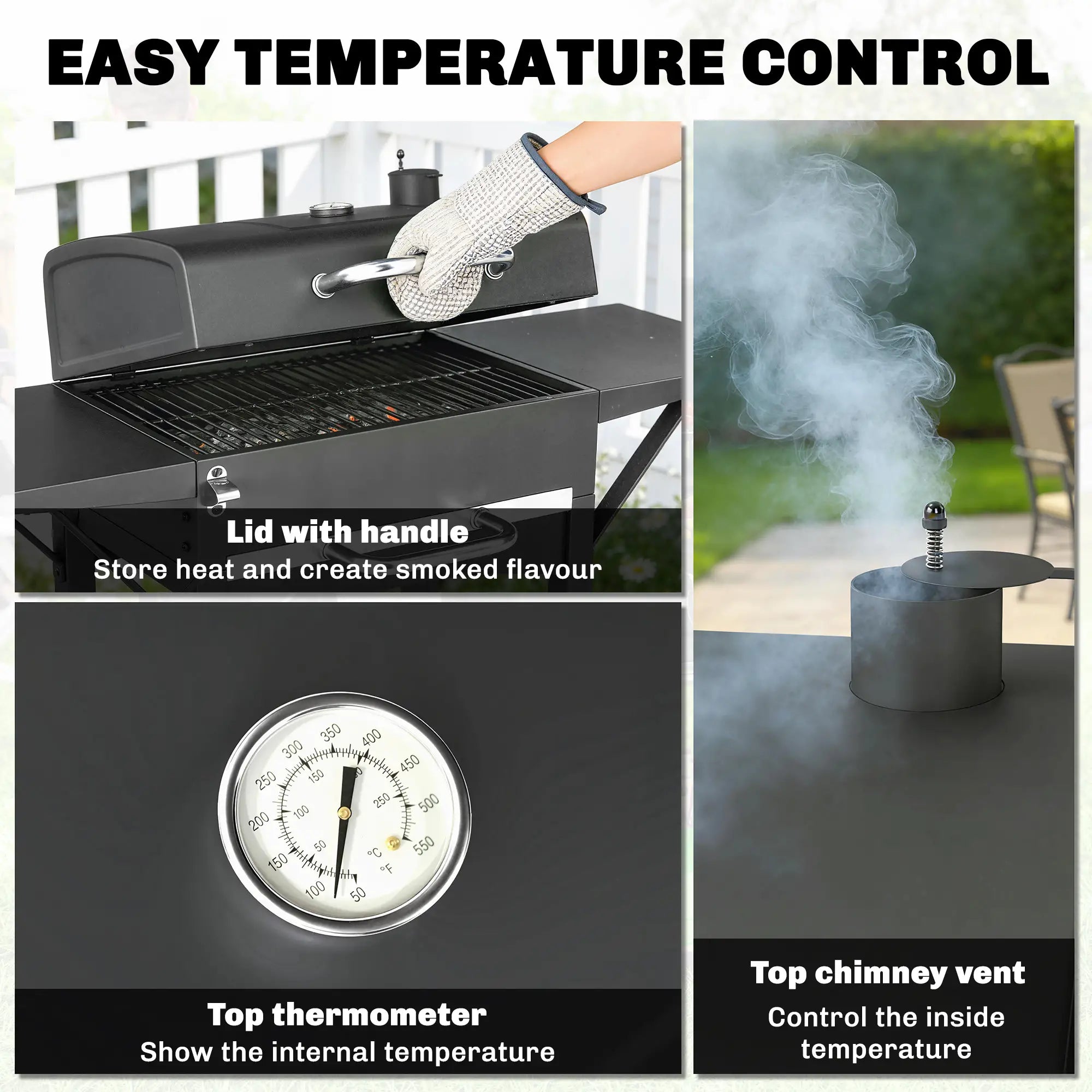 Charcoal Grill With Side Tables, Barbecue Smoker With Thermometer, 43.3