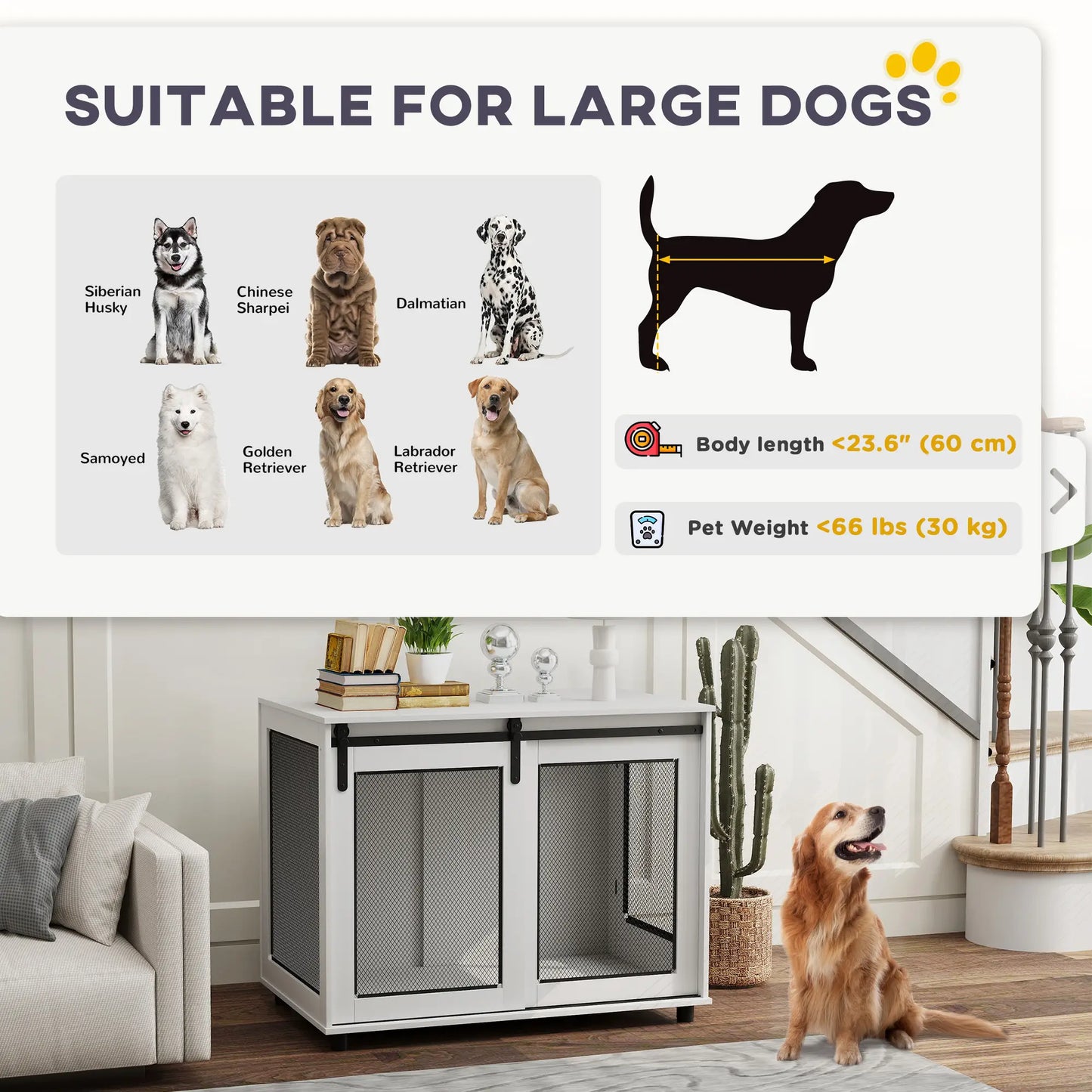 39" Dog Crate Furniture, Sliding Barn Door, Large Dog Cage End Table, White Houses, Kennels & Pens at Gallery Canada