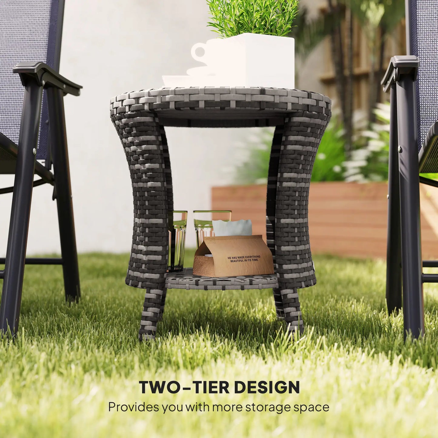 18" Wicker Outdoor Coffee Table, 2-Tier Storage, Composite Wood Top, Grey Patio Side Tables at Gallery Canada