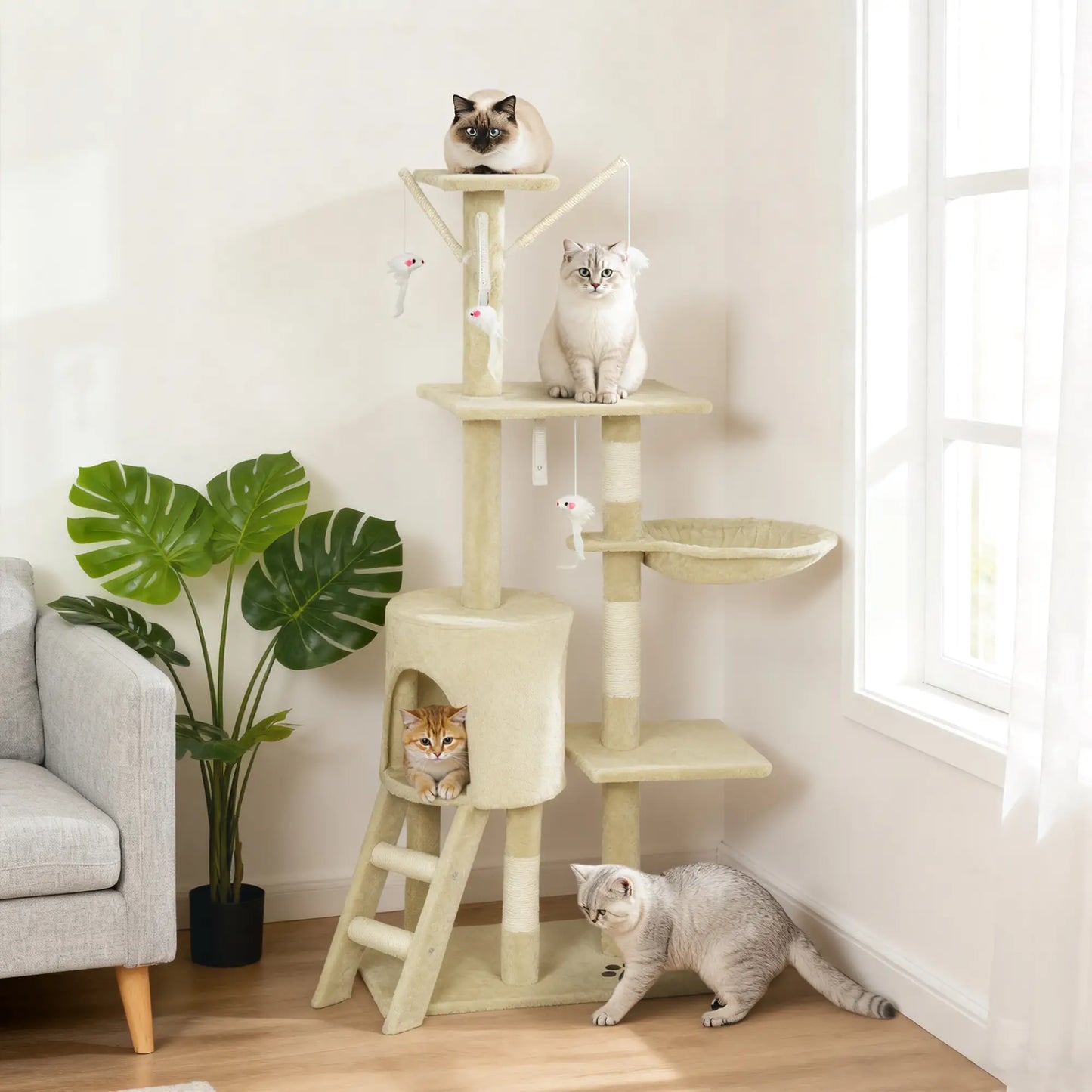 53 Inch Cat Tree Tower, Kitten Activity Centre, Beige Cat Towers at Gallery Canada