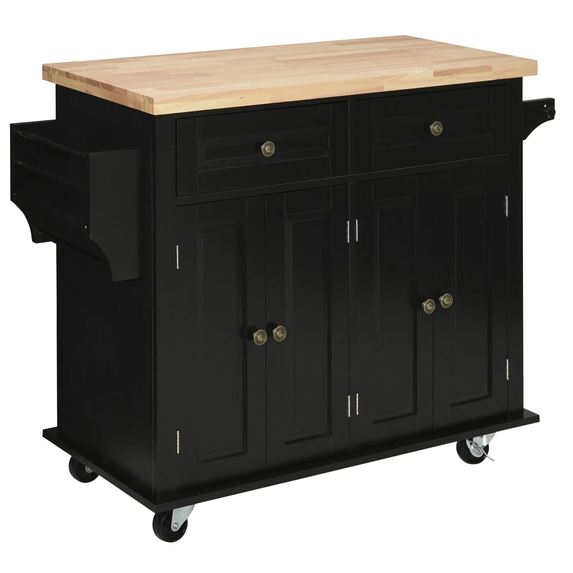 Kitchen Island with Storage, Rolling Trolley Cart with Rubber Wood Top, Spice Rack, Towel Rack, Black Kitchen Islands & Kitchen Carts Black at Gallery Canada