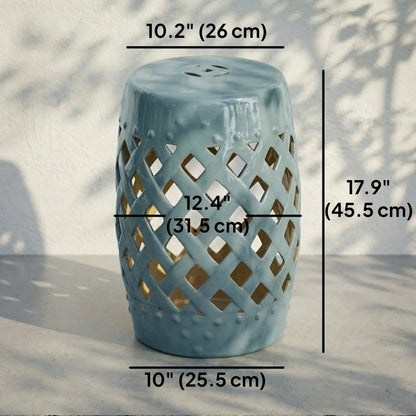 18" Ceramic Garden Stool, Woven Lattice Design, Indoor Outdoor, Blue Patio Chairs at Gallery Canada