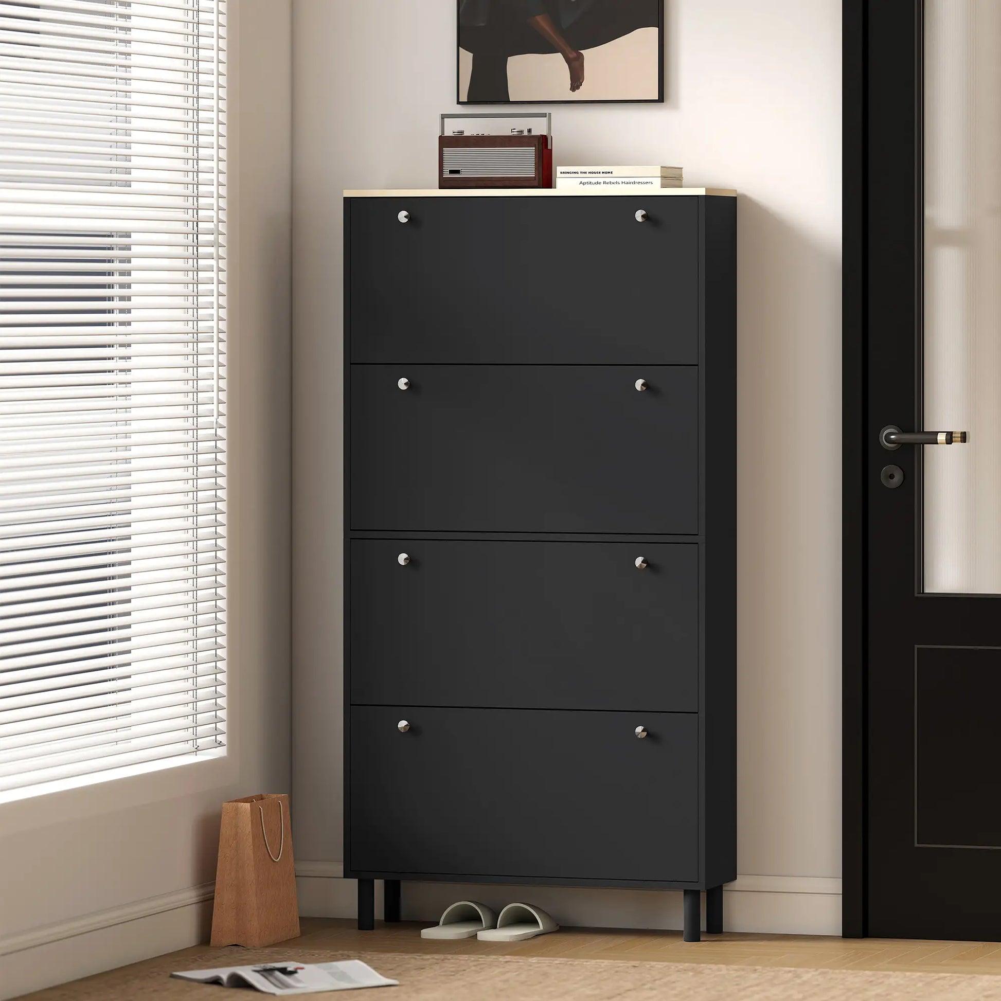 Narrow Shoe Cabinet with 4 Flip Drawers, Adjustable Shelves, Holds 24-32 Pairs, Black Shoe Storage Cabinets & Racks at Gallery Canada
