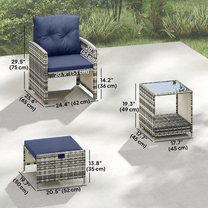 5 Piece Patio Furniture Set, Wicker Chairs With Ottomans, 2-Tier Glass Coffee Table, Grey/Dark Blue Patio Furniture Sets at Gallery Canada