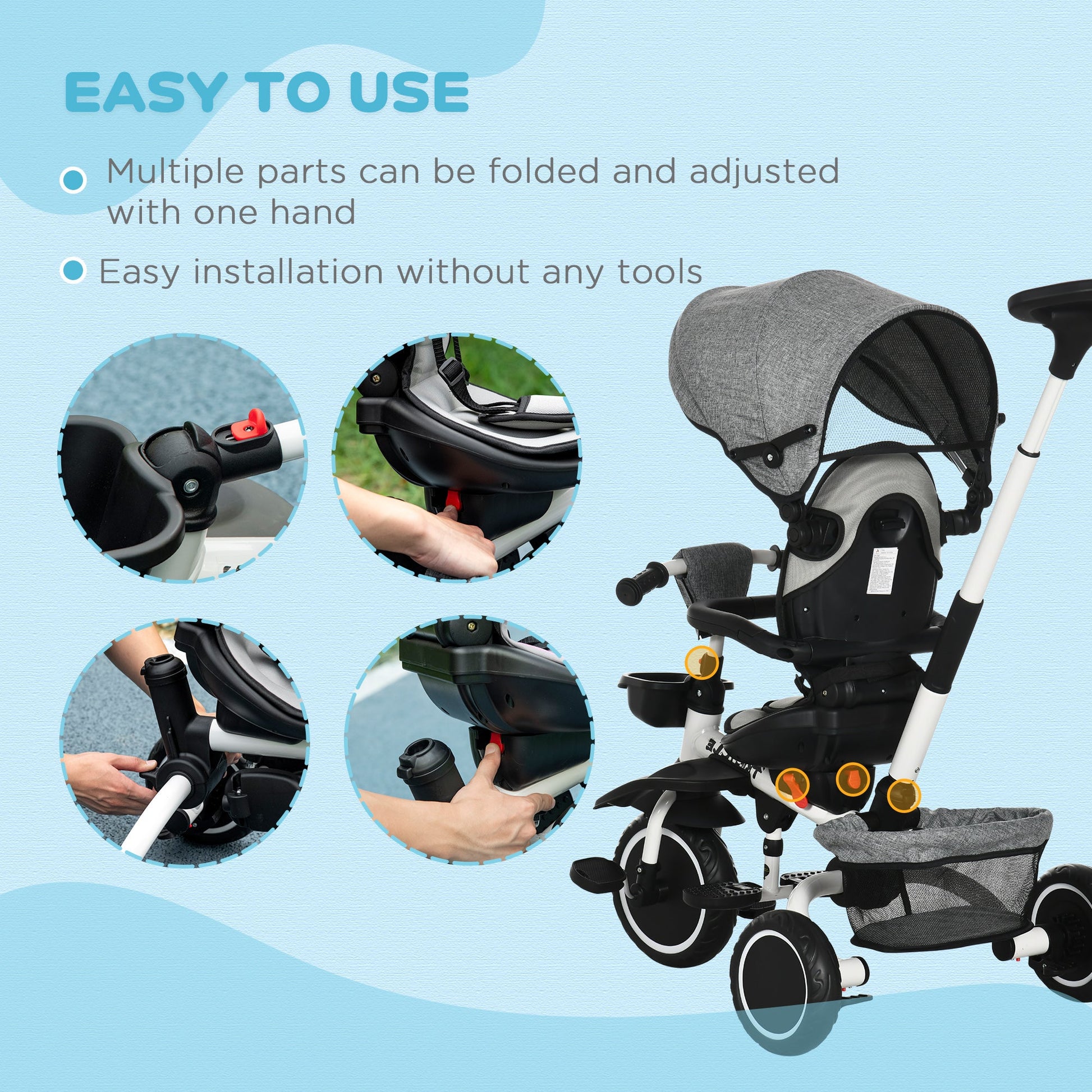6-in-1 Toddler Tricycle for 12-50 Months, Foldable Kids Trike with Adjustable Seat and Push Handle, Safety Harness, Removable Canopy, Footrest, Grey - Gallery Canada