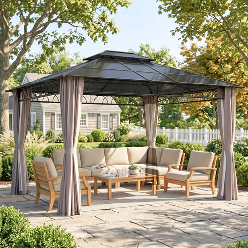 10' x 12' Hardtop Gazebo, Polycarbonate Roof, Steel Frame, Khaki
