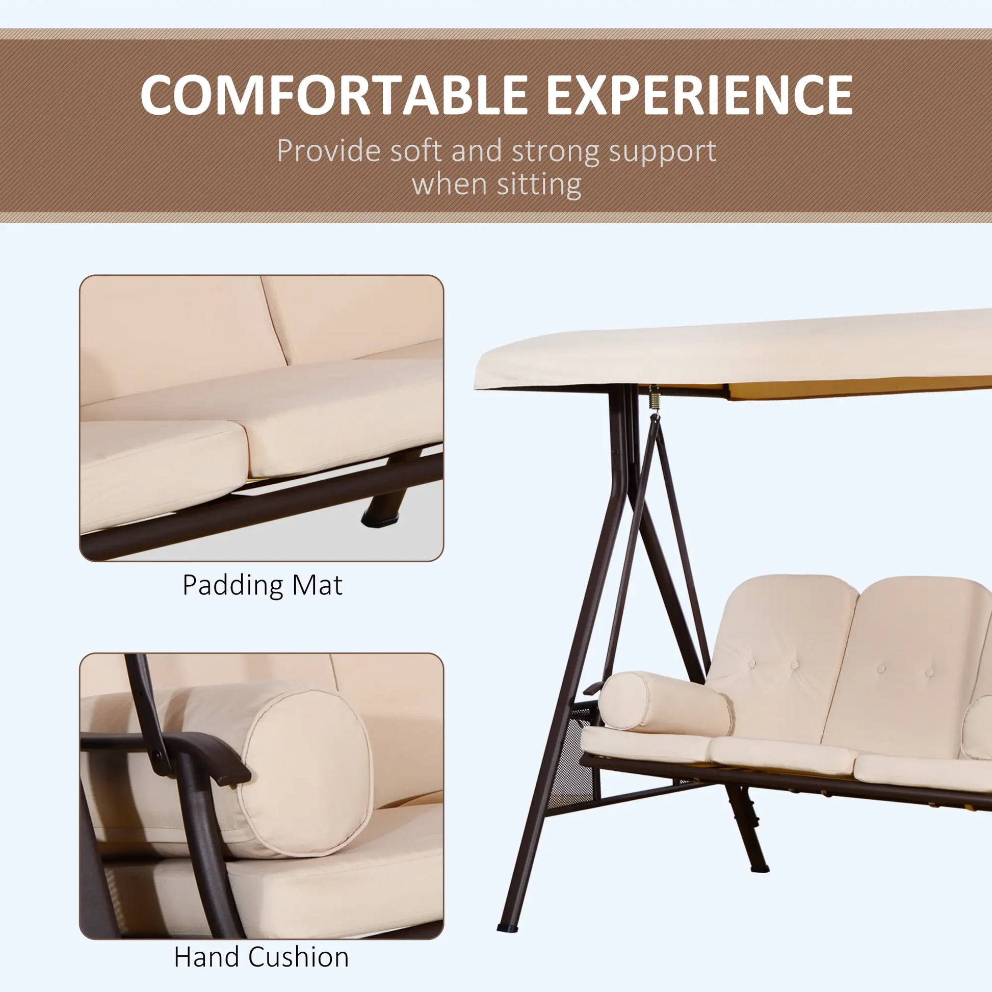 3 Seater Heavy Duty Swing Chair, Outdoor Lounge Hammock, Cushioned Seat With Tilt Canopy, Beige Porch Swings with Canopy at Gallery Canada