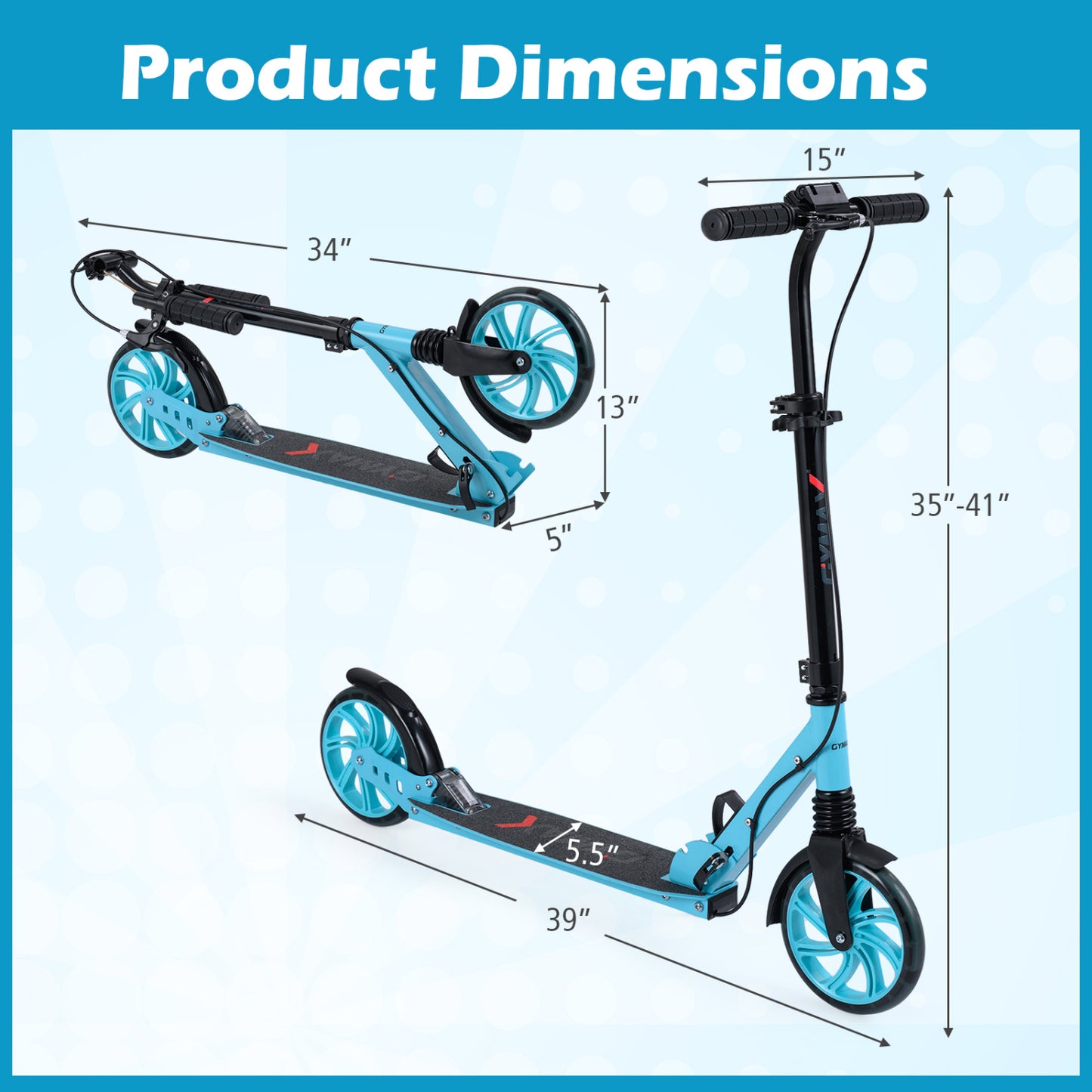 Foldable Kick Scooter With Large Light-Up Wheels, Blue
