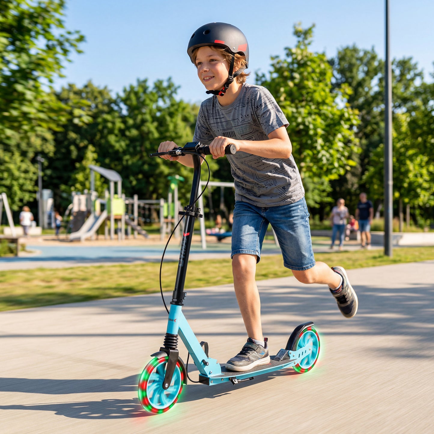 Foldable Kick Scooter With Large Light-Up Wheels, Blue