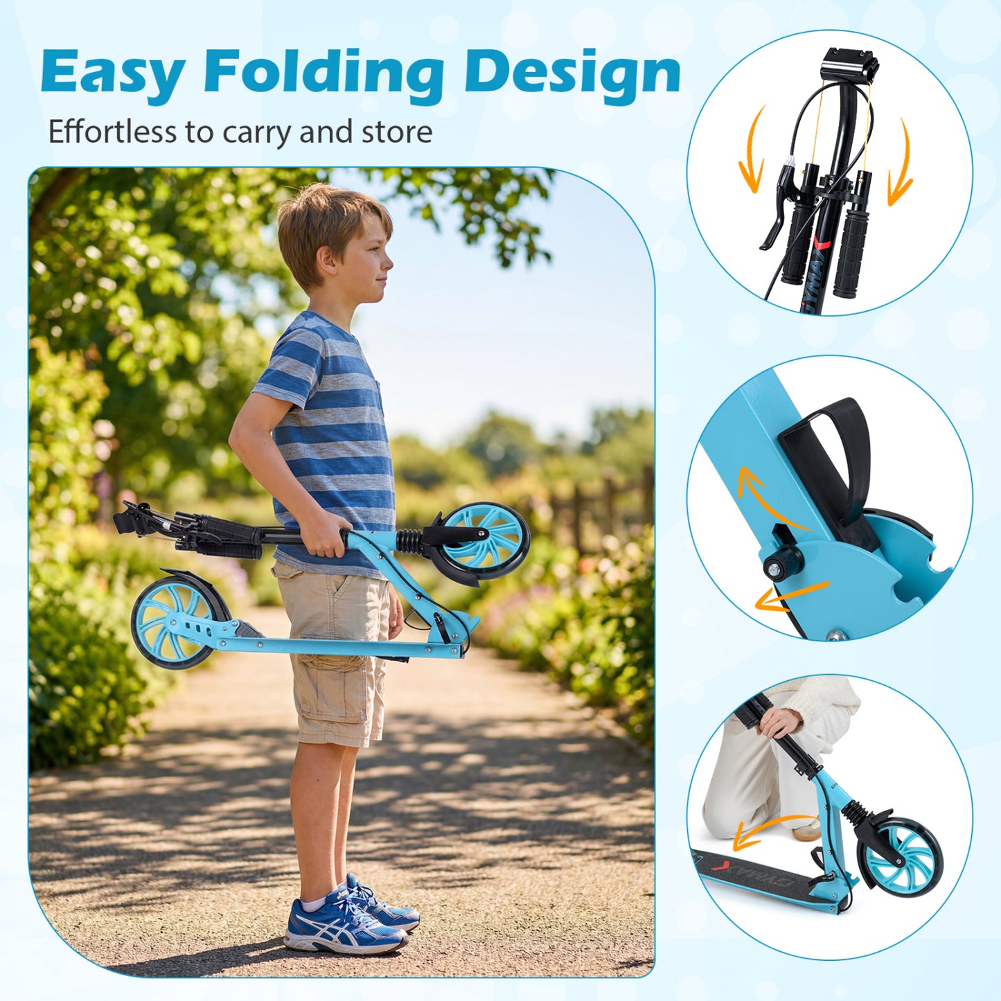 Foldable Kick Scooter With Large Light-Up Wheels, Blue
