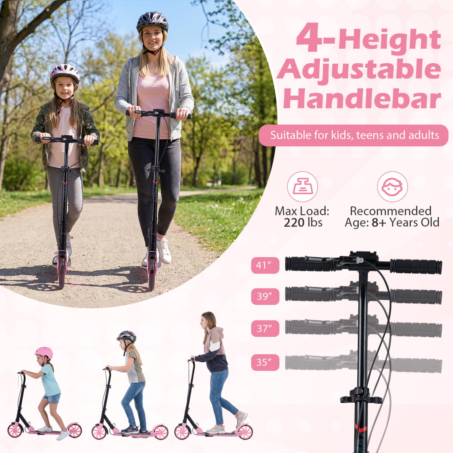 Foldable Kick Scooter, Ages 8+, Pink