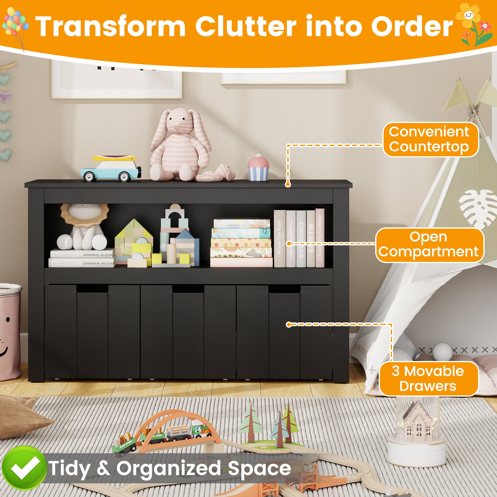 Kid Toy Storage Cabinet 3 Drawer Chest with Wheels Large Storage Cube Shelf, Black Kids Storage at Gallery Canada