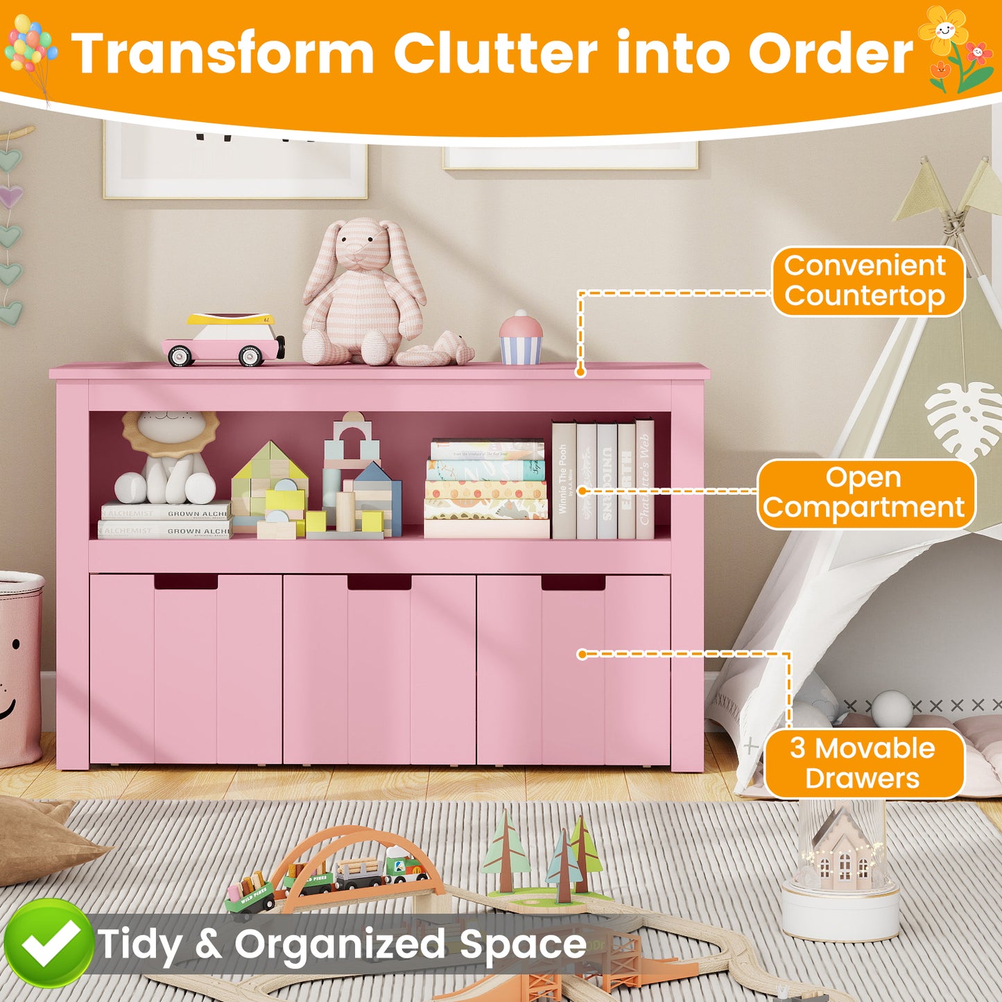 Kid Toy Storage Cabinet 3 Drawer Chest with Wheels Large Storage Cube Shelf, Pink Kids Storage at Gallery Canada