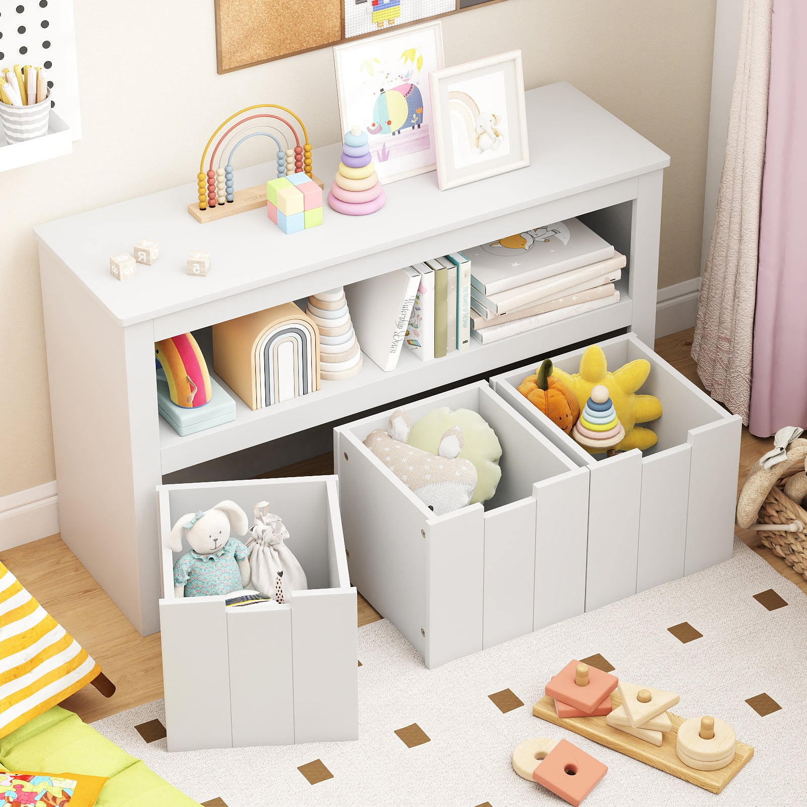 Kid Toy Storage Cabinet 3 Drawer Chest with Wheels Large Storage Cube Shelf-White\, White Kids Storage at Gallery Canada
