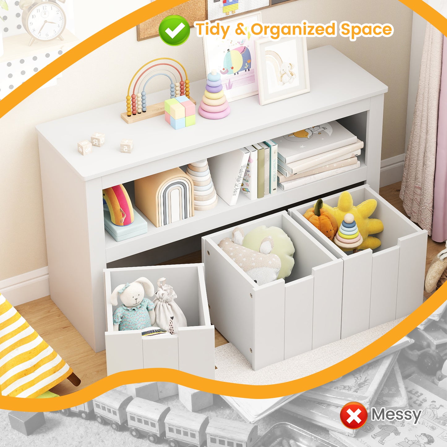 Kid Toy Storage Cabinet 3 Drawer Chest with Wheels Large Storage Cube Shelf-White\, White Kids Storage at Gallery Canada