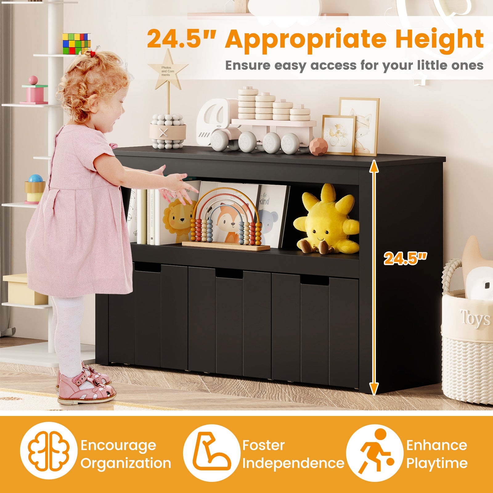 Kid Toy Storage Cabinet, 3 Drawer Chest With Wheels, Large Cube Shelf, Black Kids Storage at Gallery Canada