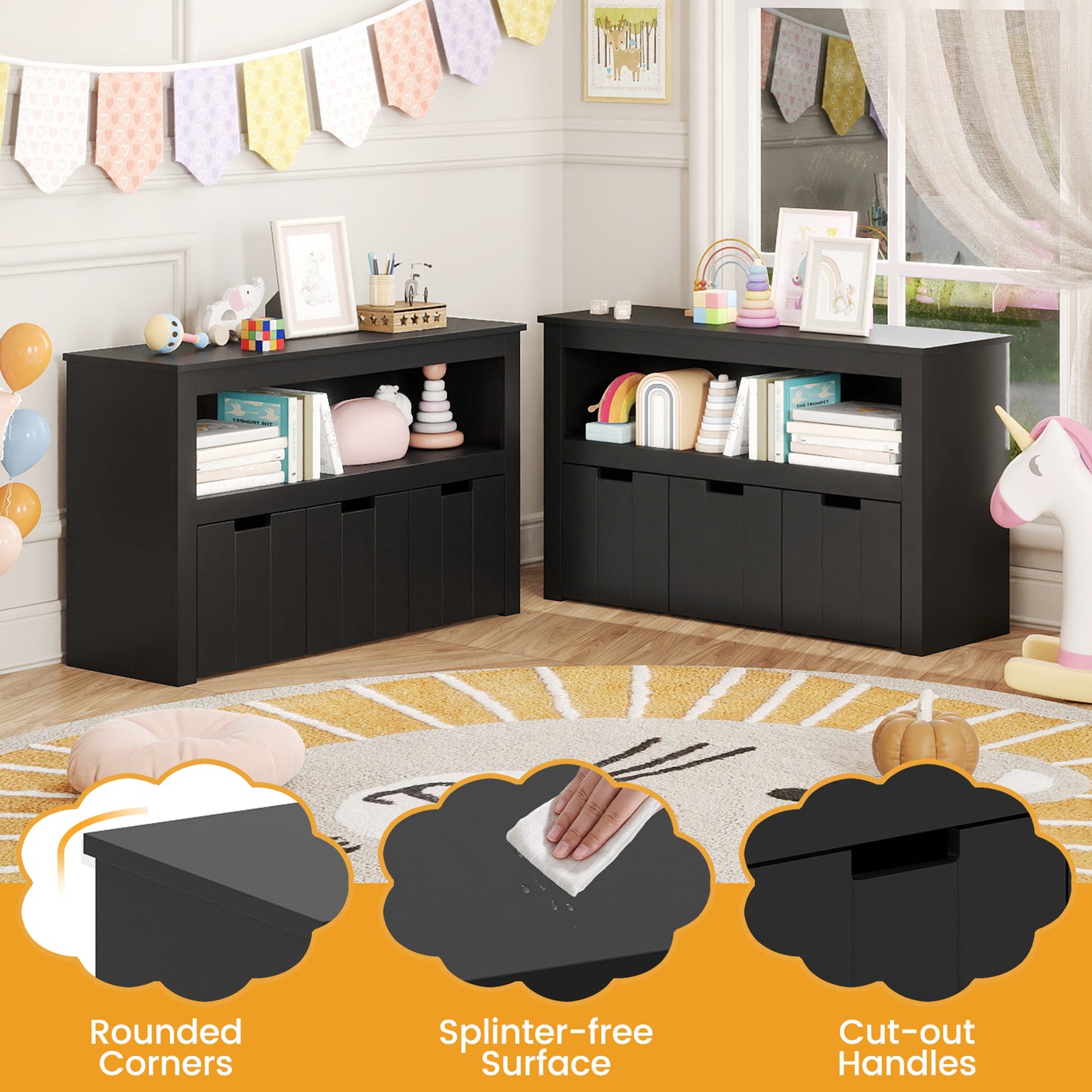 Kid Toy Storage Cabinet, 3 Drawer Chest With Wheels, Large Cube Shelf, Black Kids Storage at Gallery Canada