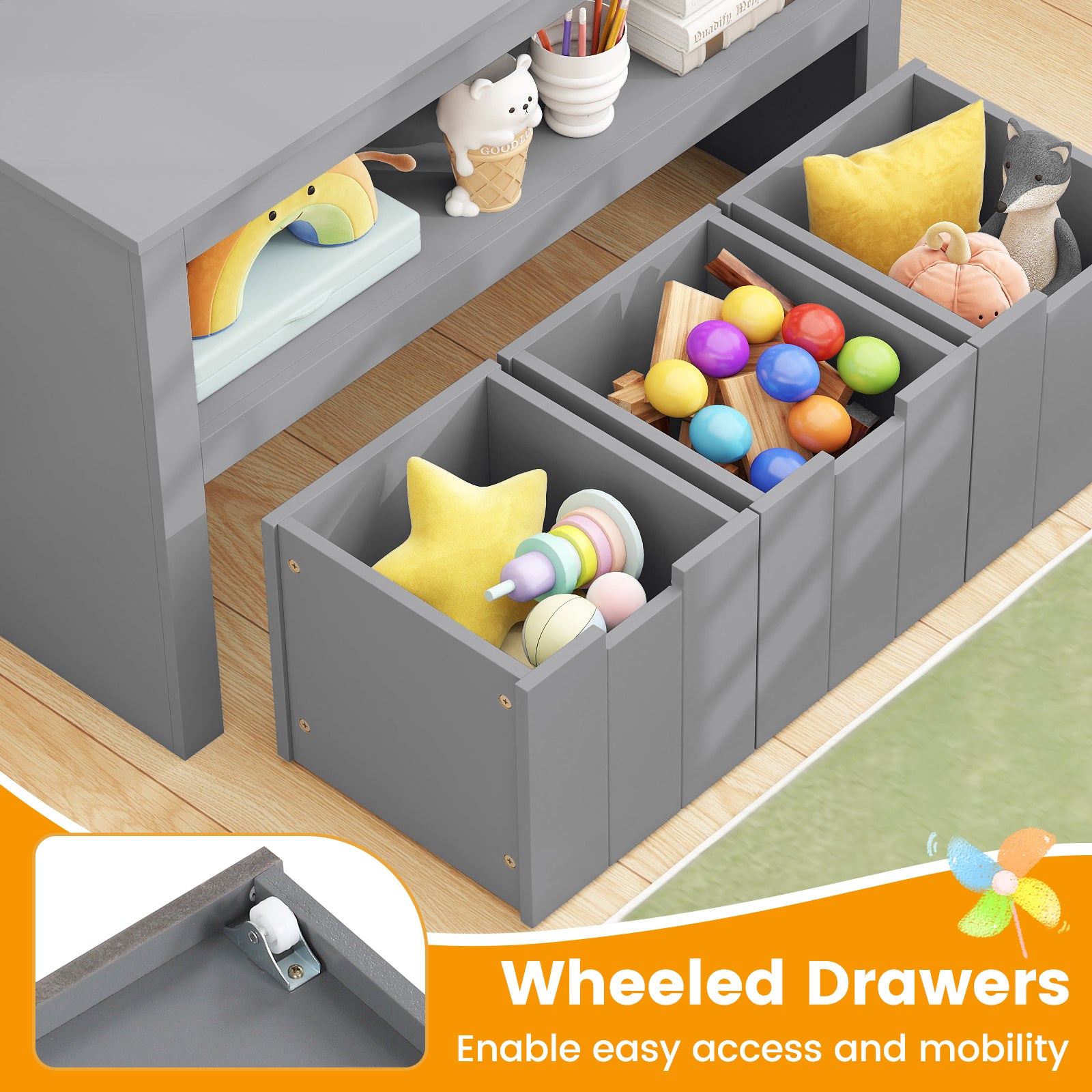 Kid Toy Storage Cabinet, 3 Drawer Chest With Wheels, Gray Kids Storage at Gallery Canada