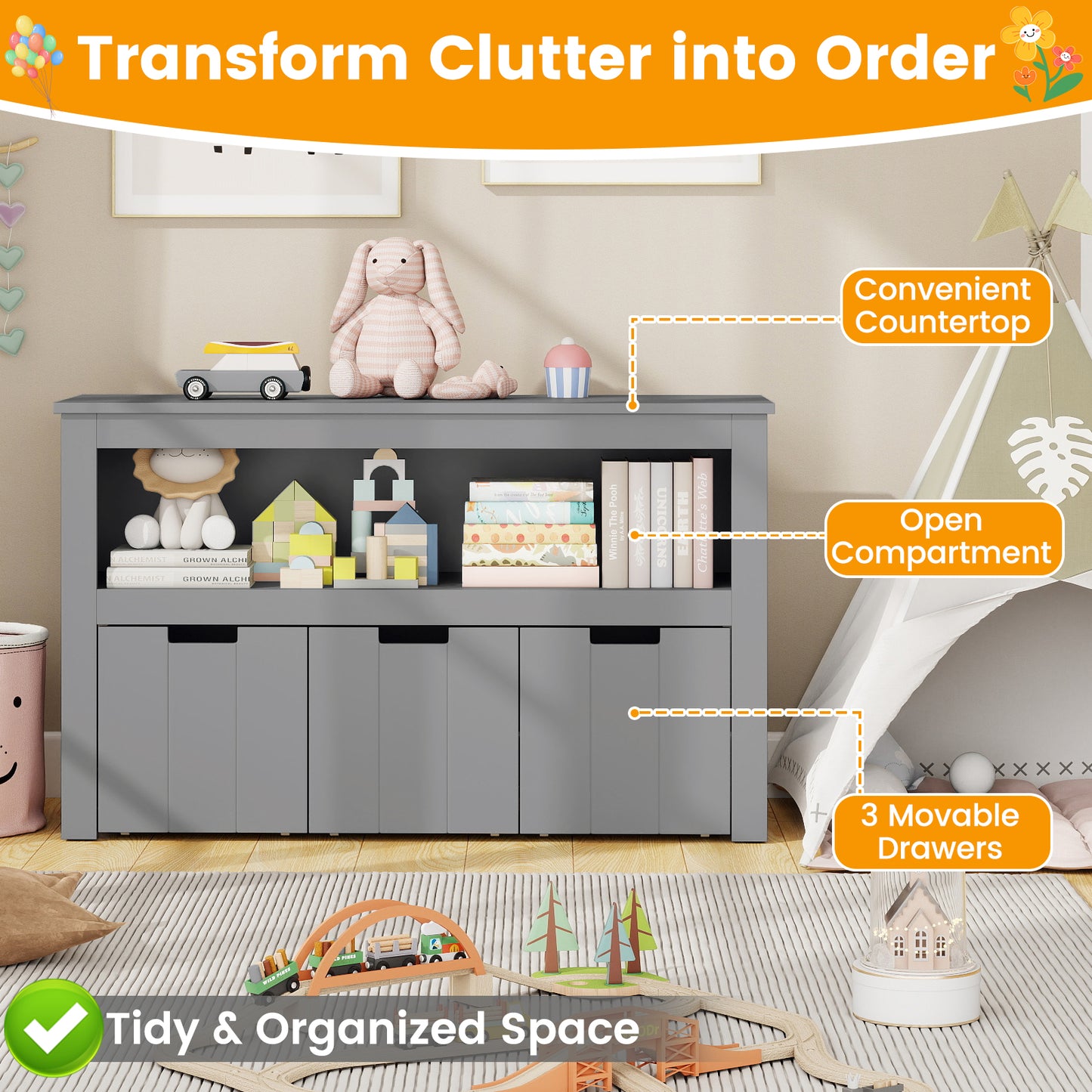 Kid Toy Storage Cabinet, 3 Drawer Chest With Wheels, Gray Kids Storage at Gallery Canada