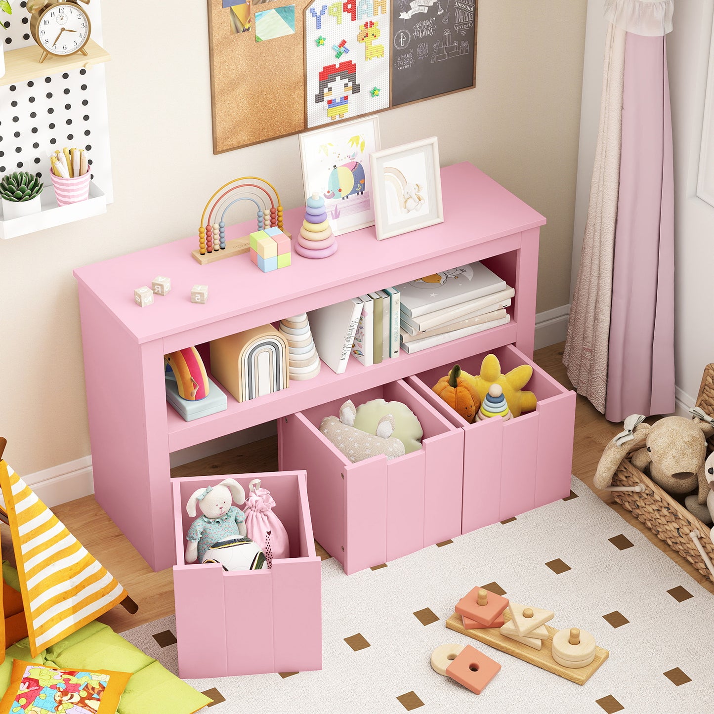 Kid Toy Storage Cabinet, 3 Drawer Chest With Wheels, Large Cube Shelf, Pink Kids Storage at Gallery Canada