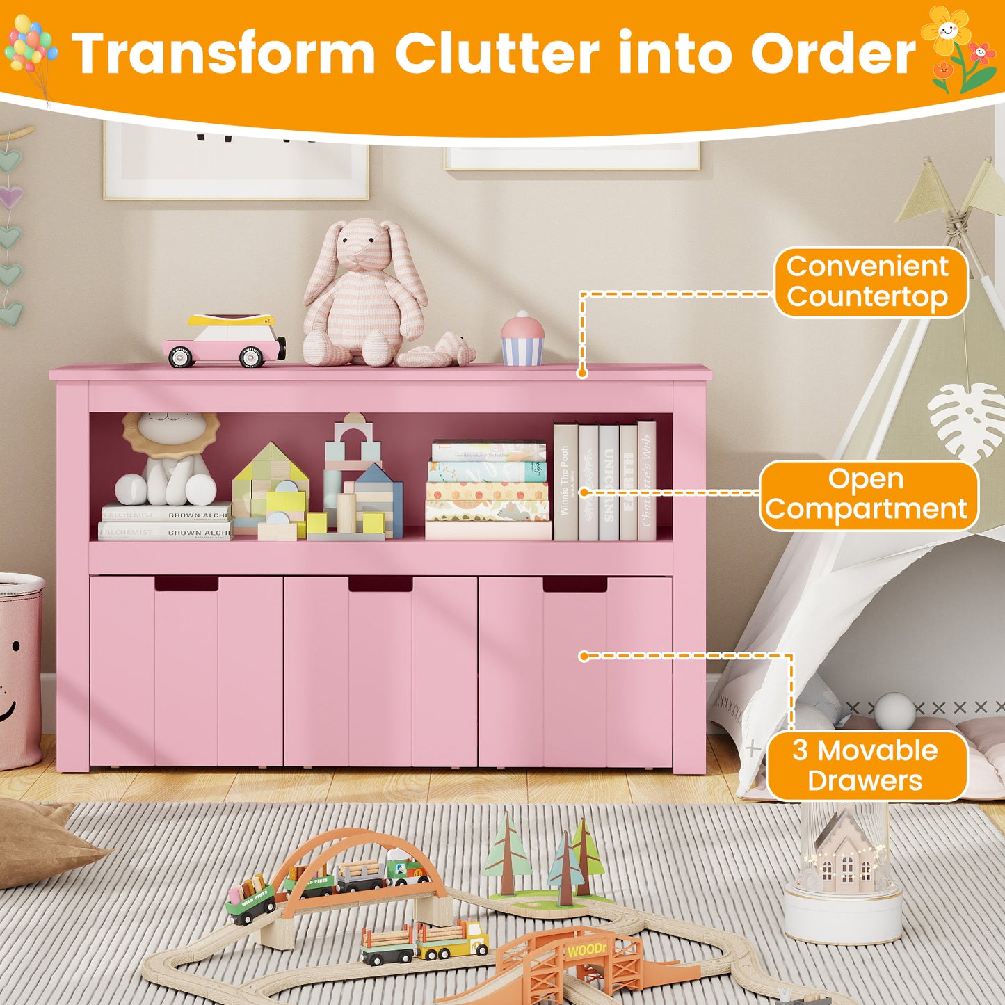 Kid Toy Storage Cabinet, 3 Drawer Chest With Wheels, Large Cube Shelf, Pink Kids Storage at Gallery Canada