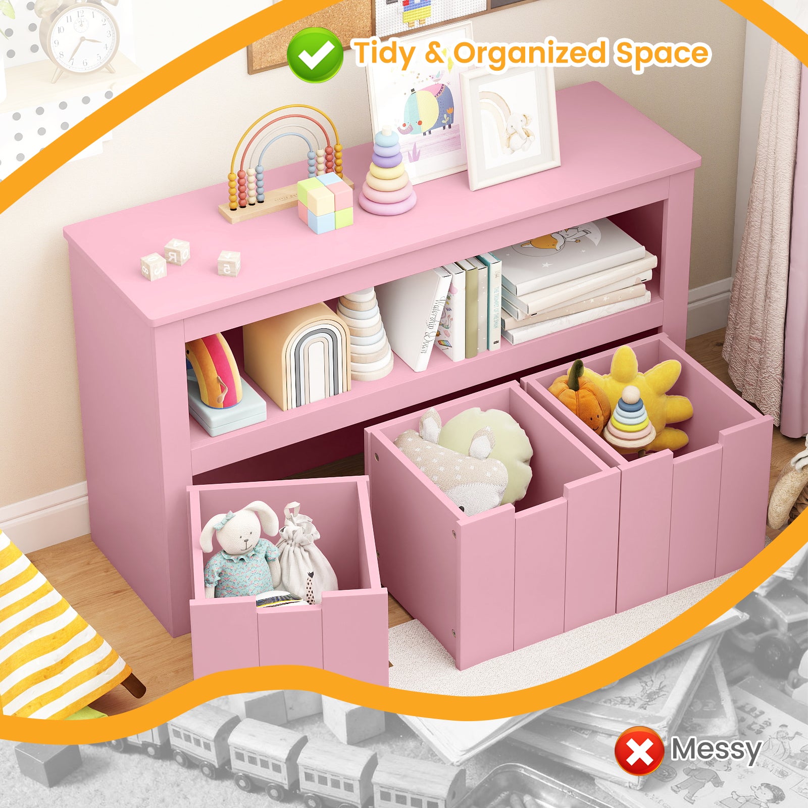 Kid Toy Storage Cabinet, 3 Drawer Chest With Wheels, Large Cube Shelf, Pink Kids Storage at Gallery Canada