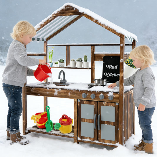 Kids Mud Kitchen Outdoor, Solid Wood, Natural Play Kitchen Sets Natural at Gallery Canada