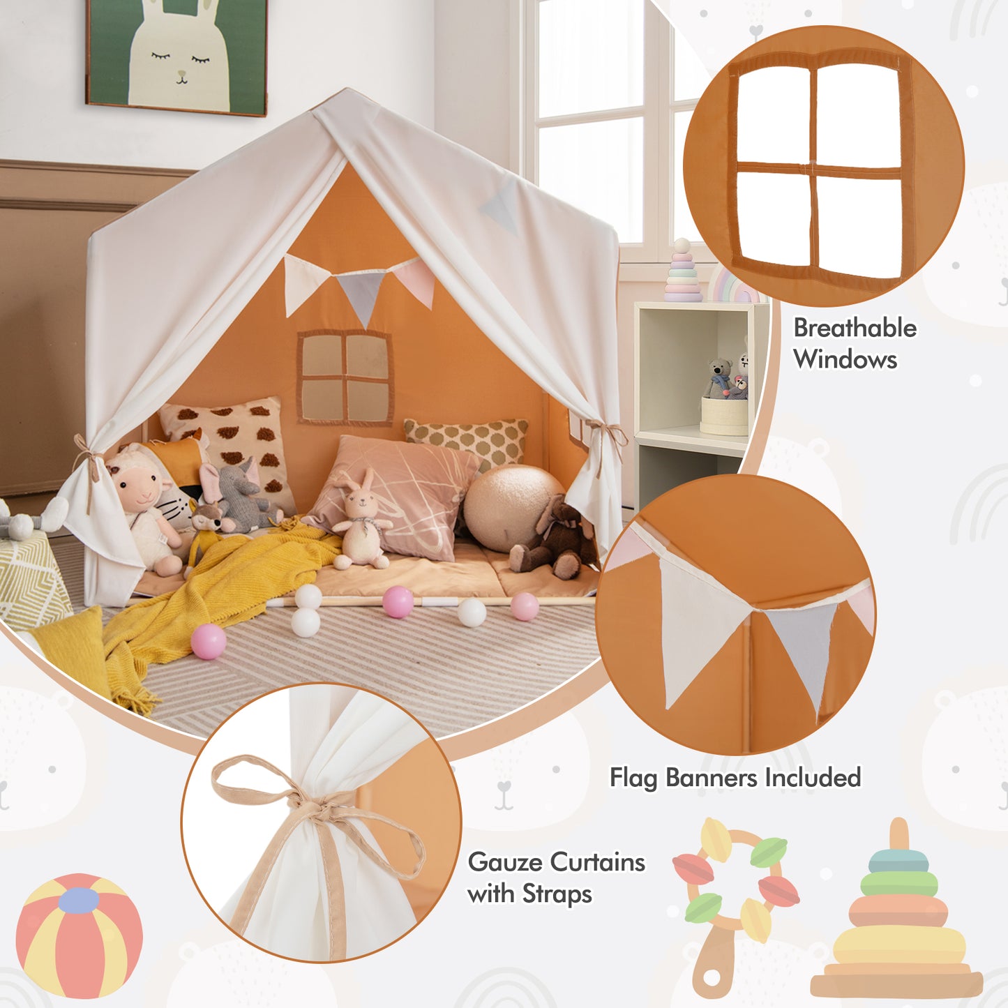 Kid's Play Tent with Washable Cotton Mat and Flag Banner, Orange Play Tents & Playhouse at Gallery Canada