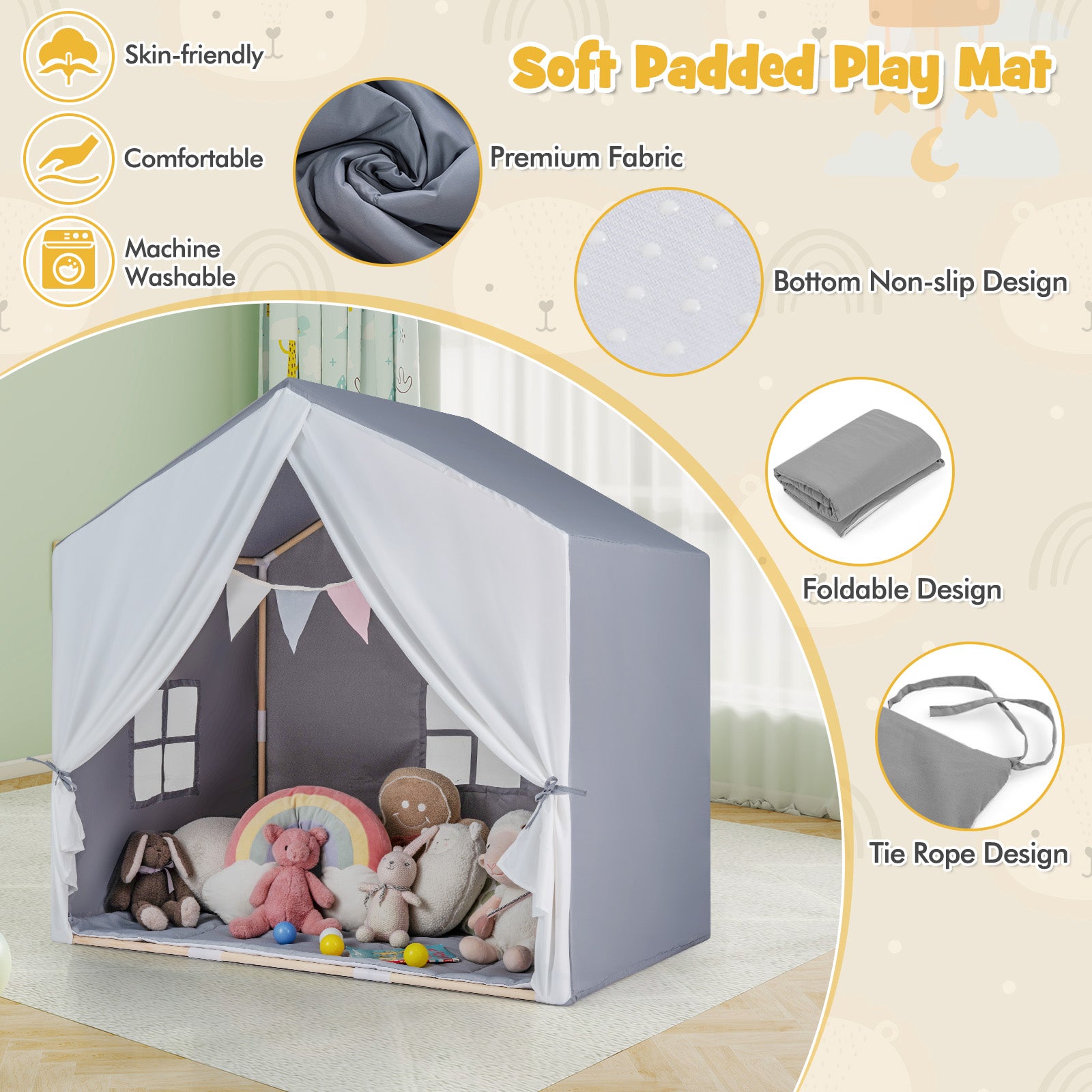 Kid's Play Tent with Washable Cotton Mat and Flag Banner, Gray Play Tents & Playhouse at Gallery Canada