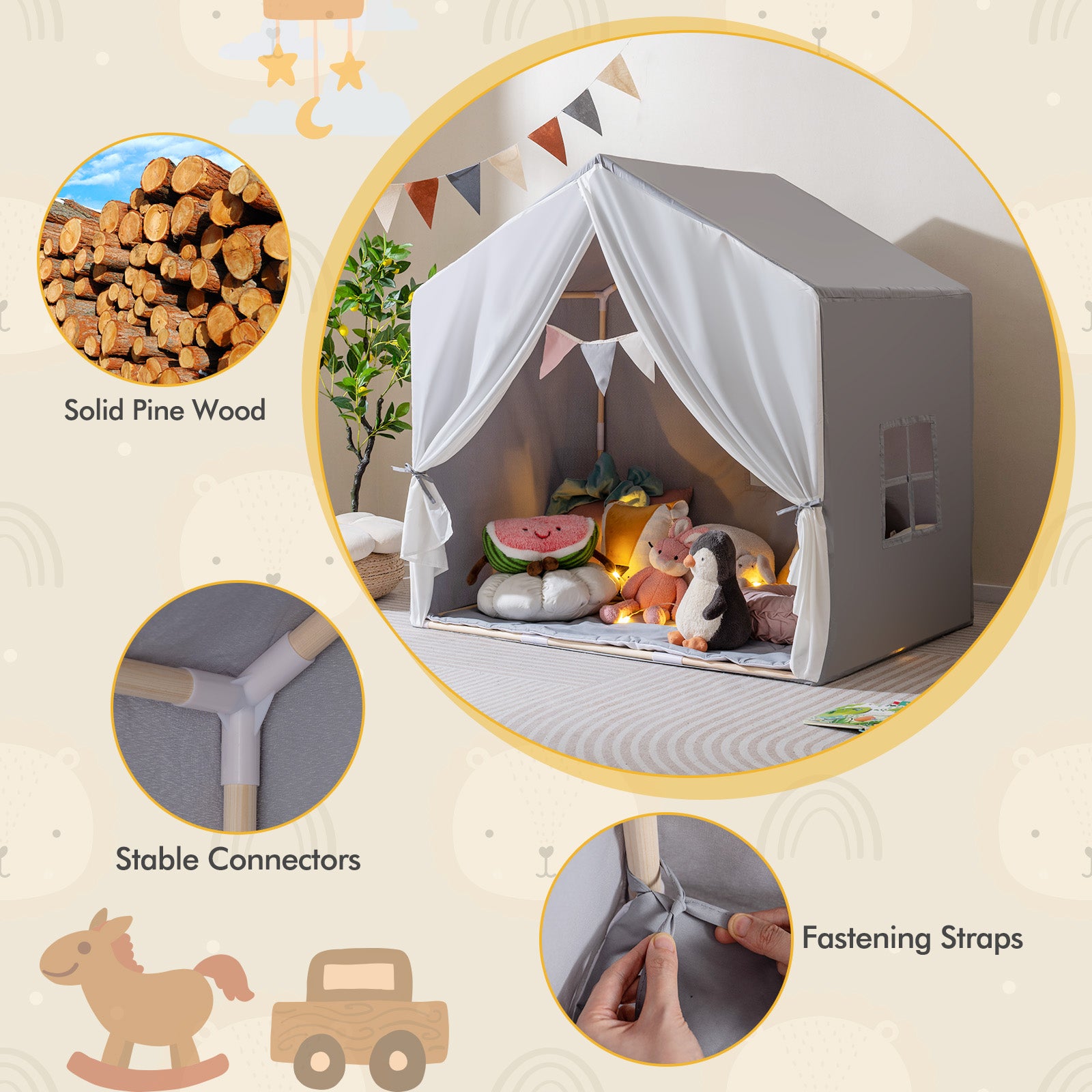 Kid's Play Tent with Washable Cotton Mat and Flag Banner, Gray Play Tents & Playhouse at Gallery Canada